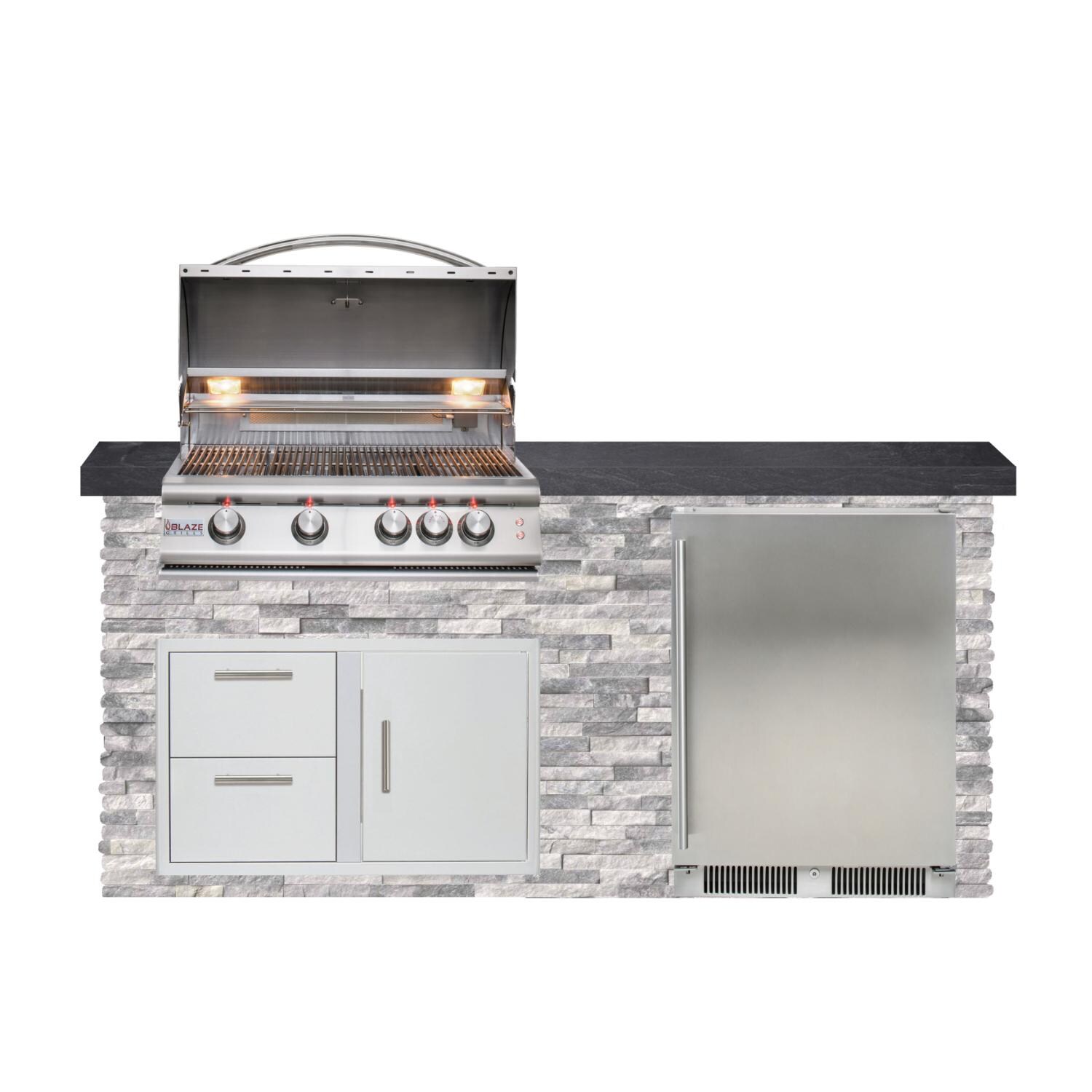 BBQGuys Signature 6ft Luxury Outdoor Island W/ Blaze Premium LTE 32-Inch Natural Gas Grill & Outdoor Rated Refrigerator - Alaska Gray Stone W/ Black Polished Granite - White Background thumbnail