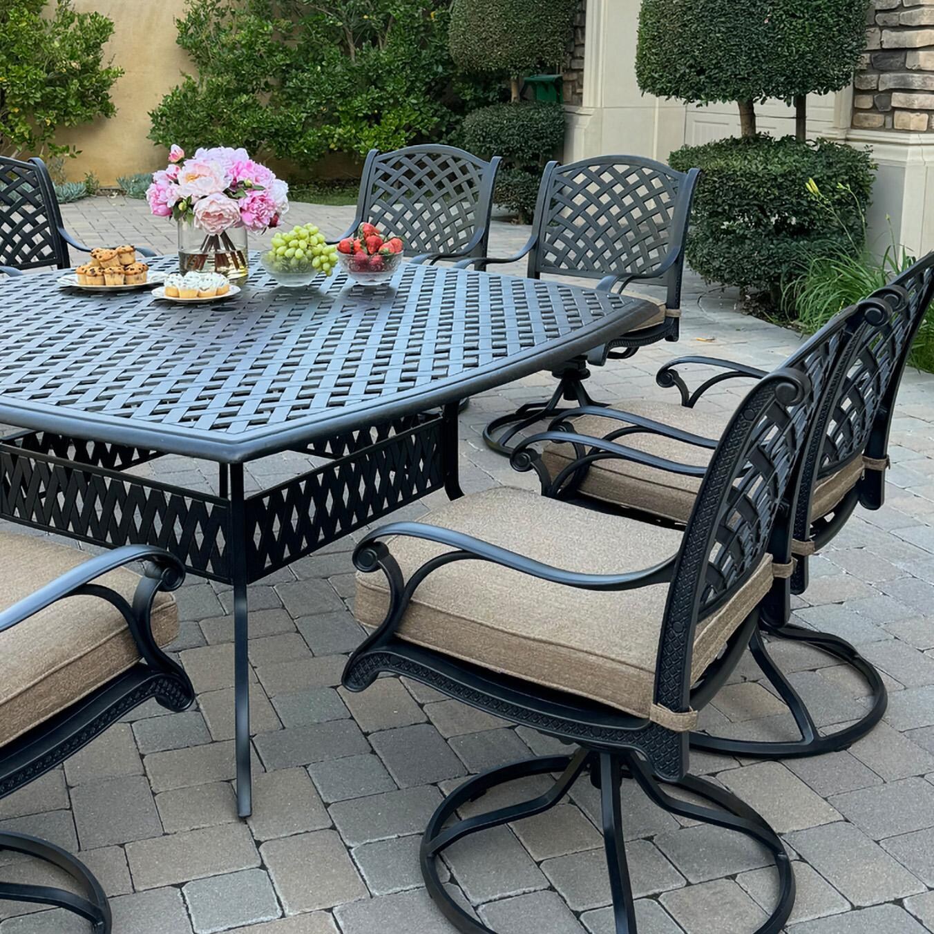 Darlee B/DL13-9PCAR-30W-S Nassau 9 Pc Cast Aluminum Dining Set in Antique Bronze w/ Sesame Cushions - Chair Side - Lifestyle thumbnail