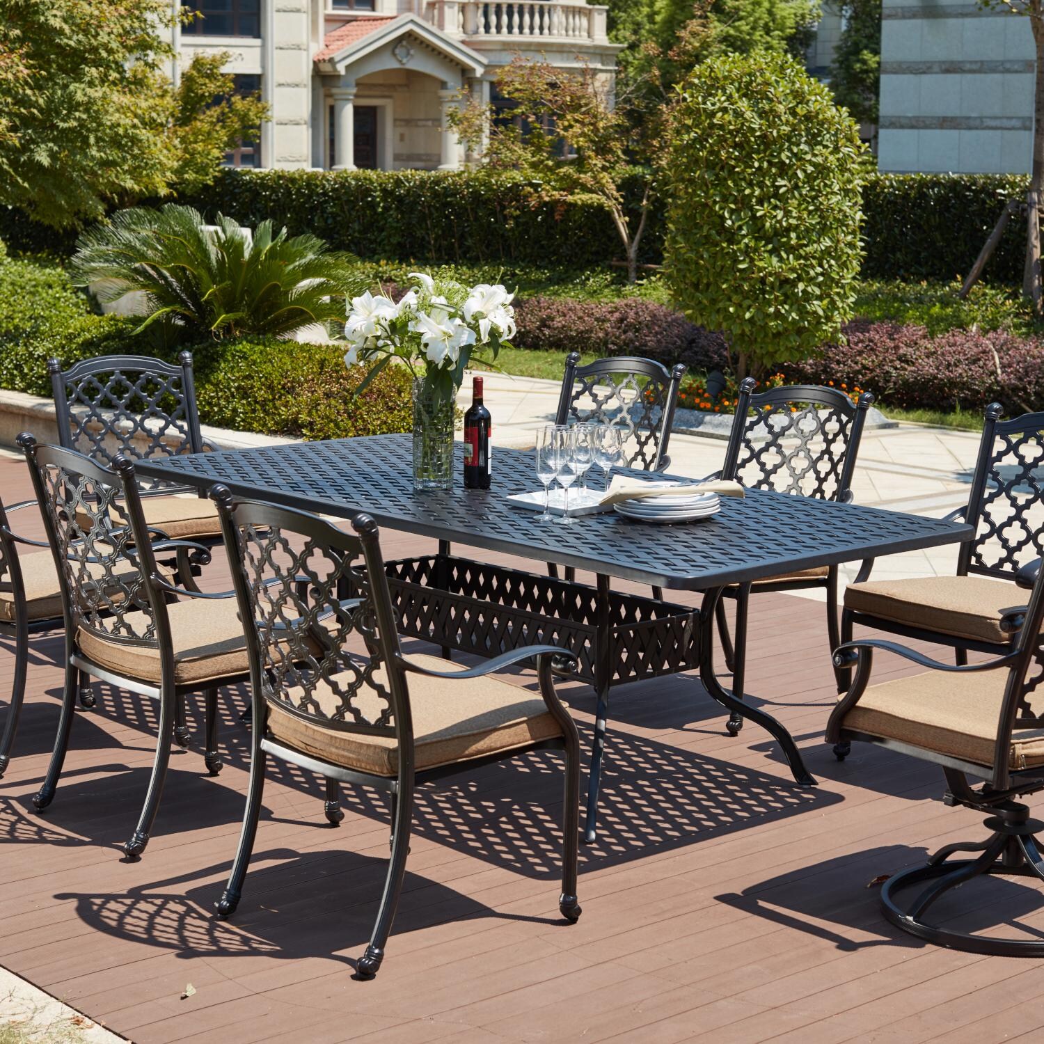 Madison 9 Pc Cast Aluminum Dining Set w/ 92 X 42 Inch Series 30 Table & 2 Swivel Rockers in Antique Bronze/Sesame by Darlee
