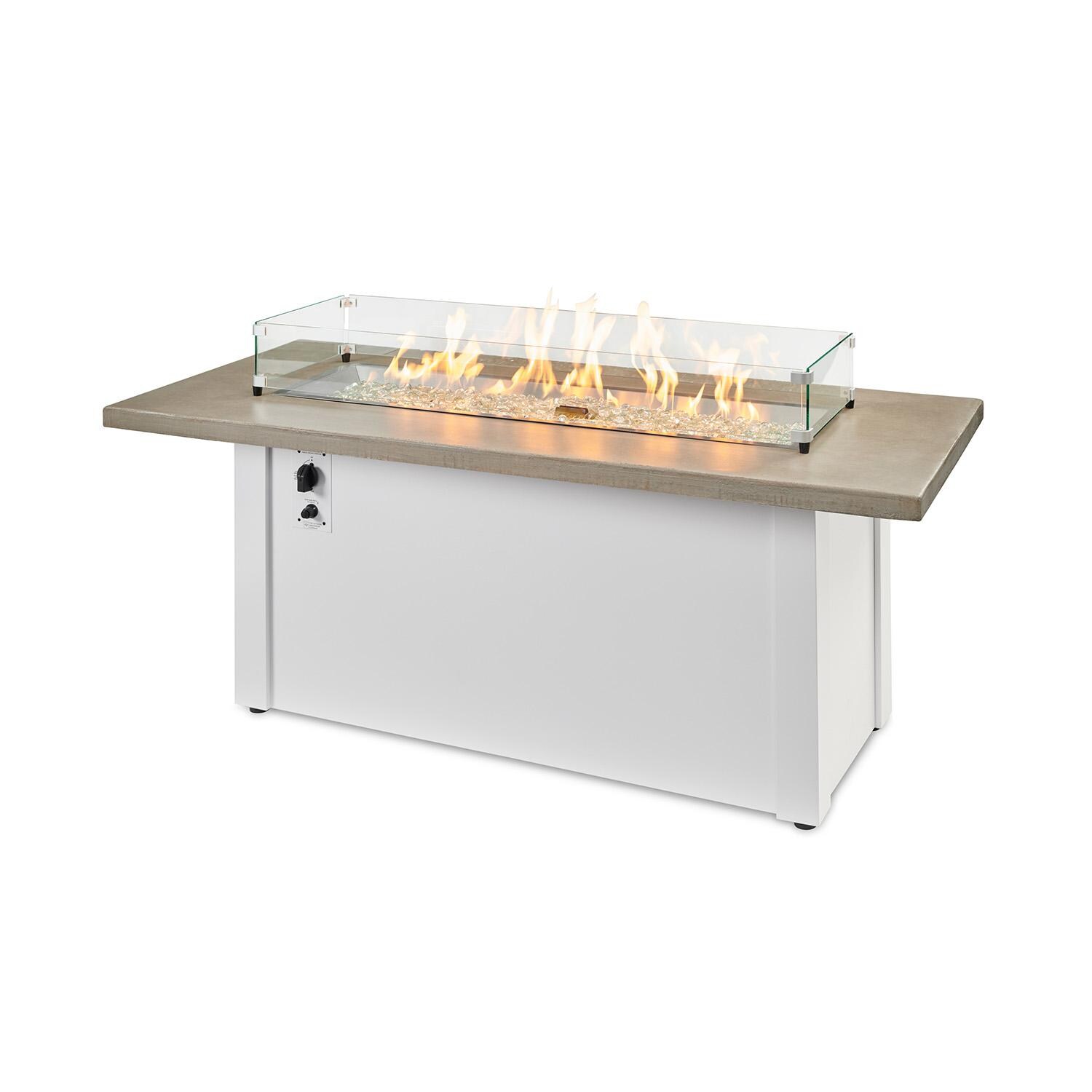 Havenwood 44 Inch Natural Gas Fire Pit Table W/ Pebble Grey Top & White Base - Flames W/ Glass - White Background thumbnail