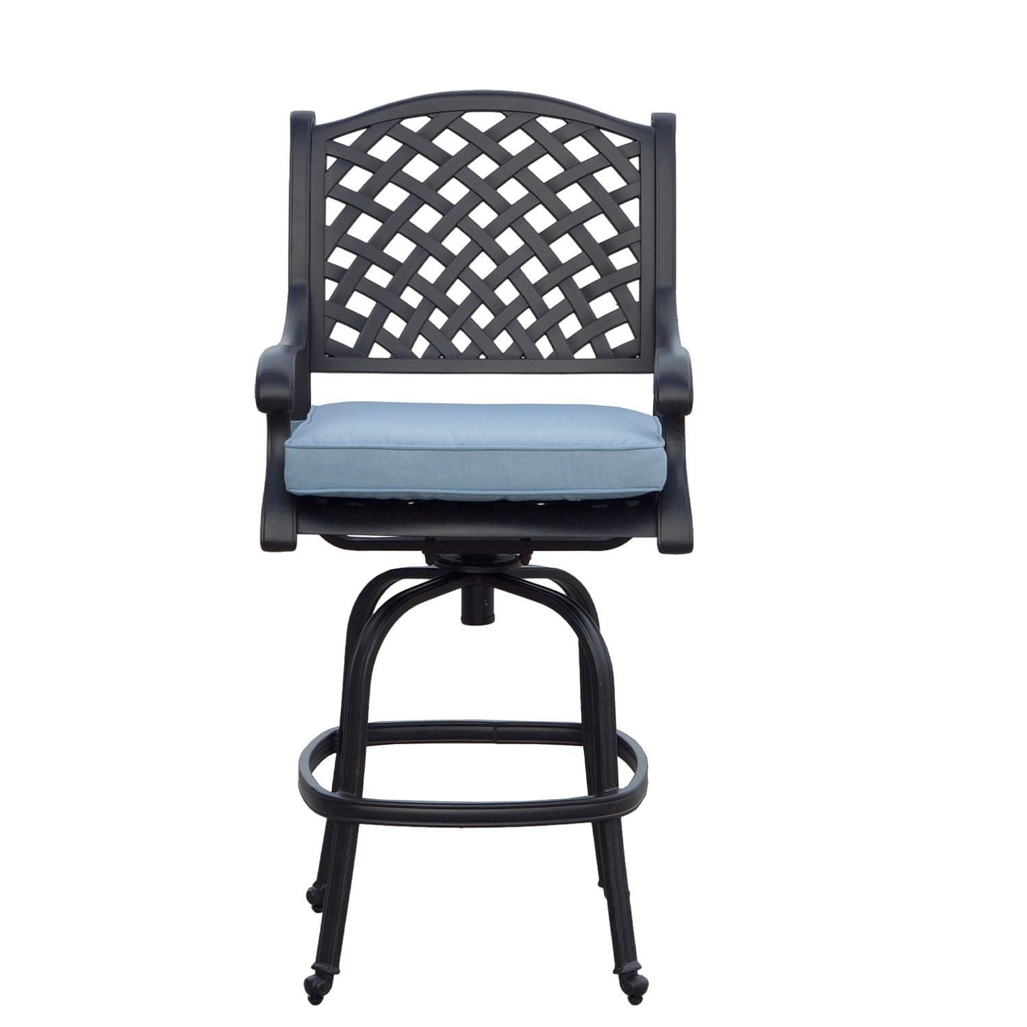 Nassau Cast Aluminum 4 Pc Set Swivel Bar Stool Set in Antique Bronze/Sky Blue by Darlee - Front View - White Background thumbnail