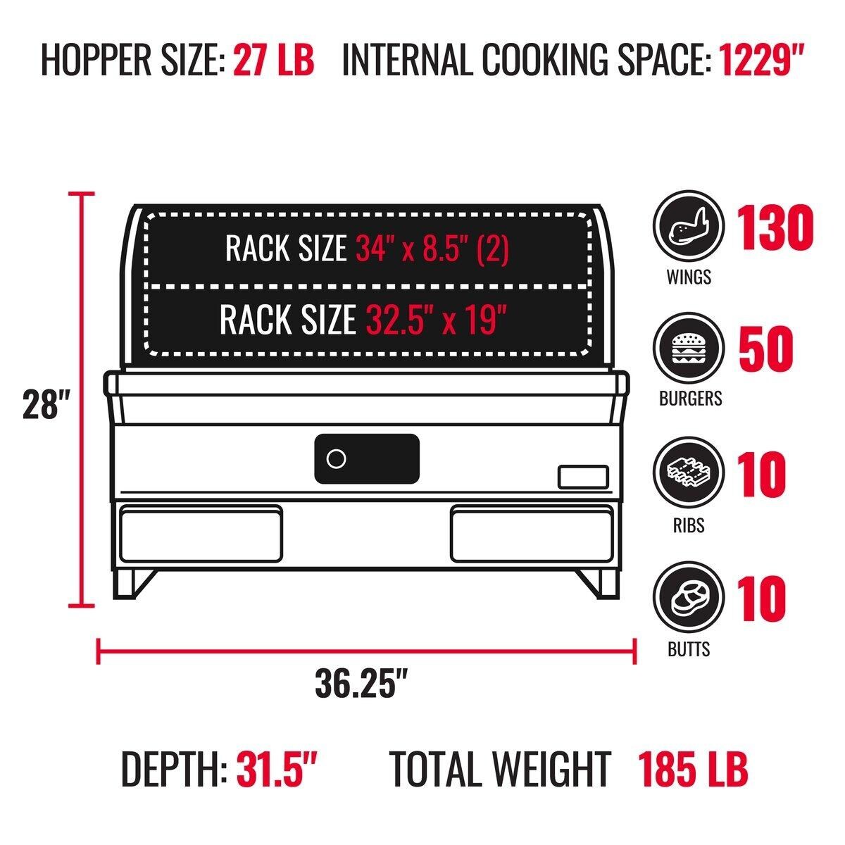 recteq RT-1300ES E-Series 1300 Built-In Wood Pellet Grill - Dimensions & Rack Sizes - Dimensional thumbnail