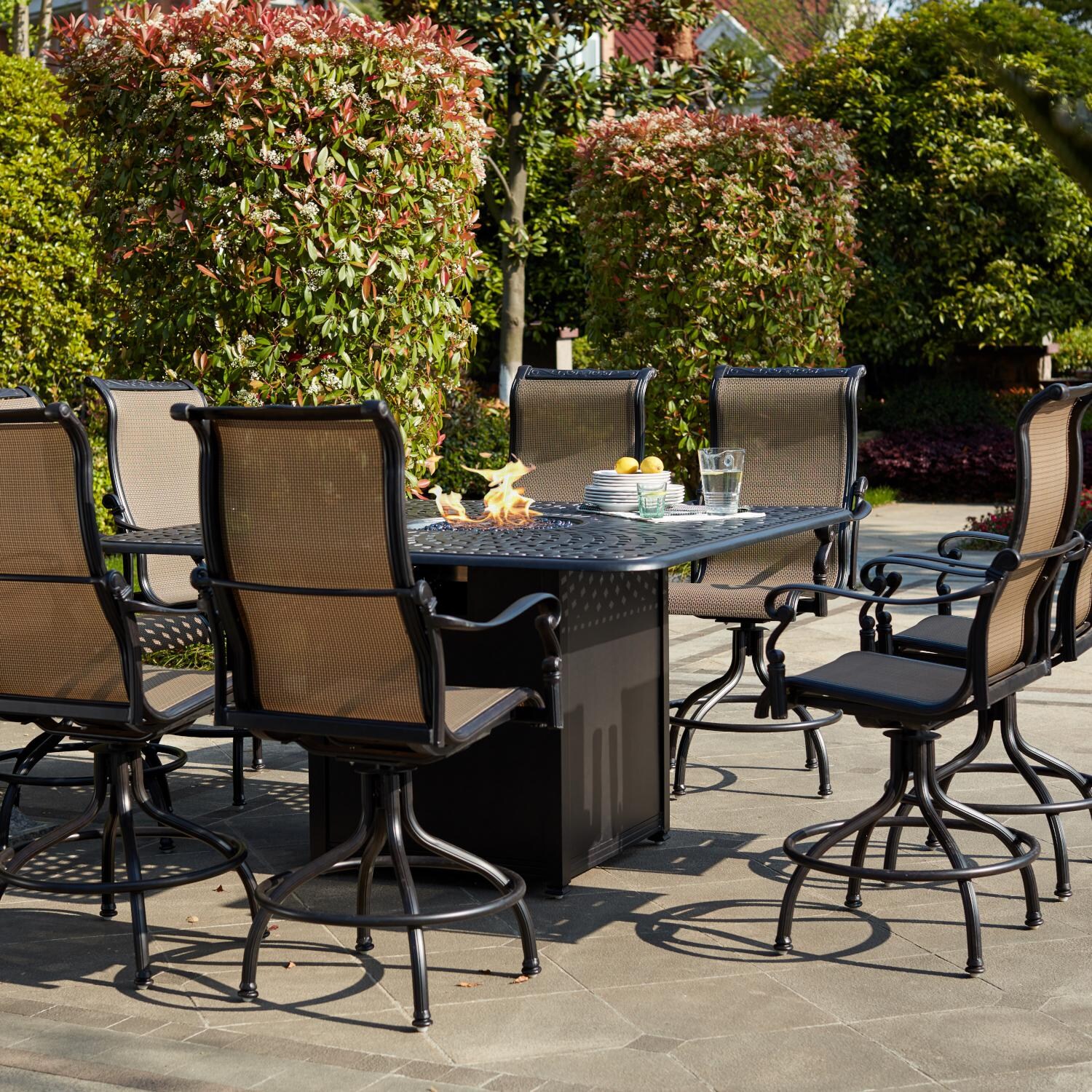 Monterey 9 Pc Cast Aluminum Counter Height Fire Pit Dining Set w/ 64 Inch Square Signature Table in Irish Mix by Darlee