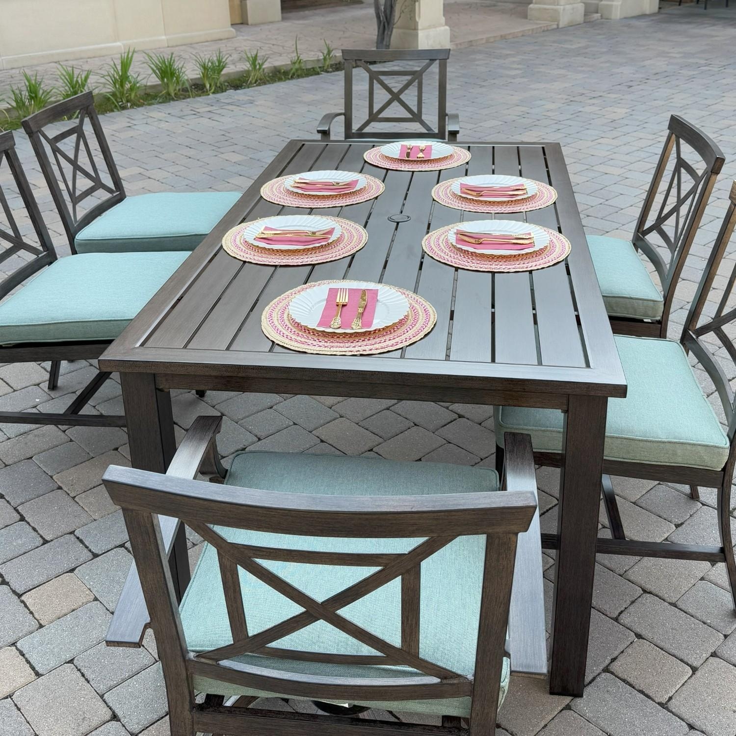 Atlantis 7 Pc Aluminum Dining Set w/ 4 Dining Side Chairs & 2 Swivel Rocker Dining Arm Chairs in Walnut/Spa by Darlee - Table Set - Lifestyle thumbnail