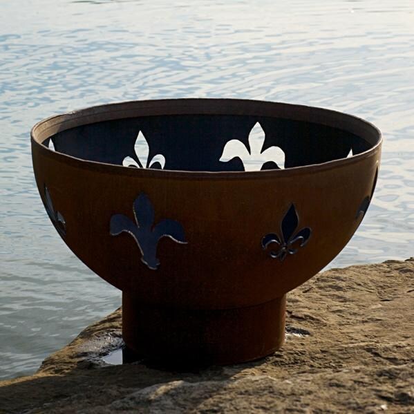 Fleur De Lis 36 Inch Round Steel Wood Burning Fire Bowl in Steel by Fire Pit Art