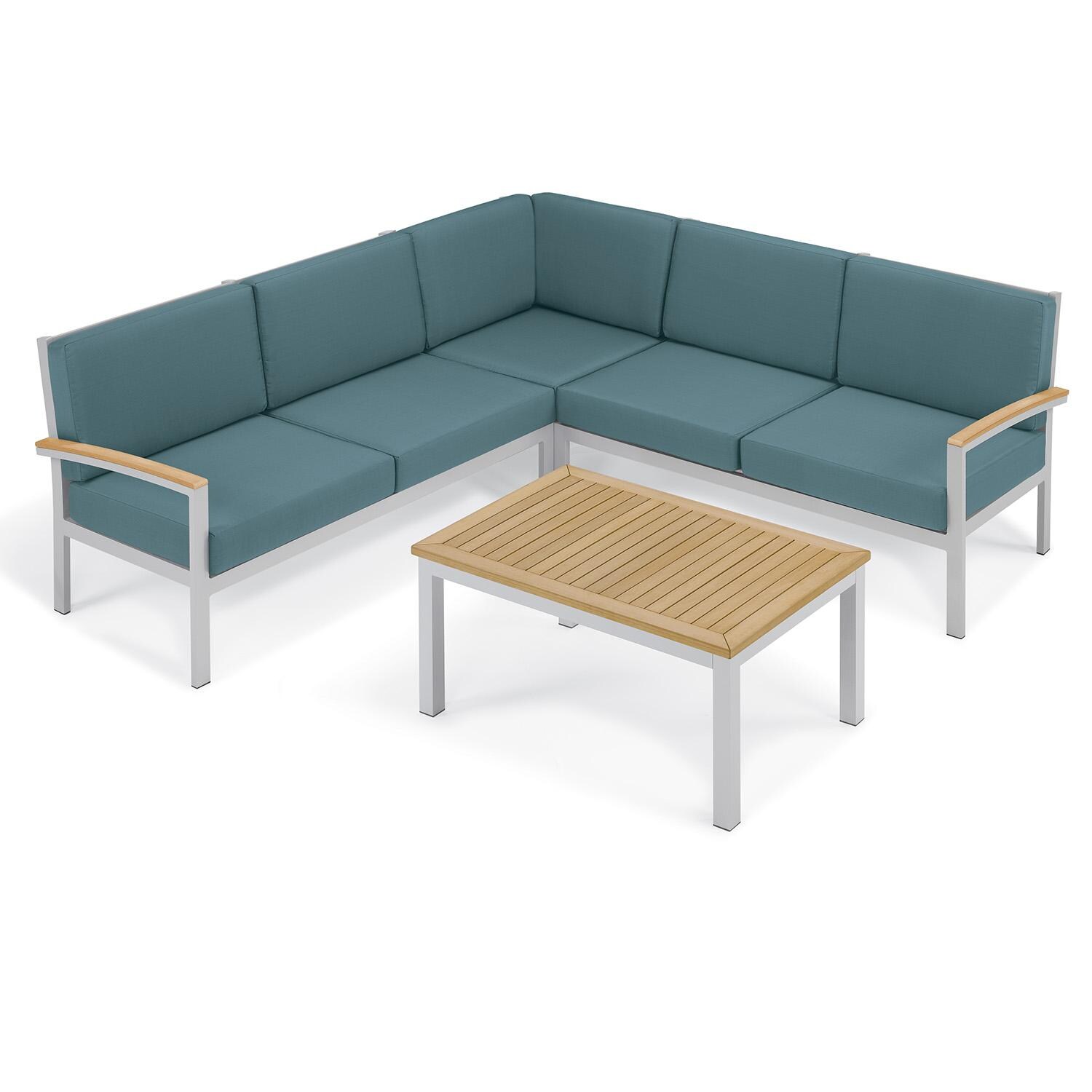 Oxford Garden 5275-PC.F Travira 4 Pc Aluminum Seating Set w/ Coffee Table in Natural Tekwood/ Ice Blue by Oxford Garden - Set - White Background thumbnail