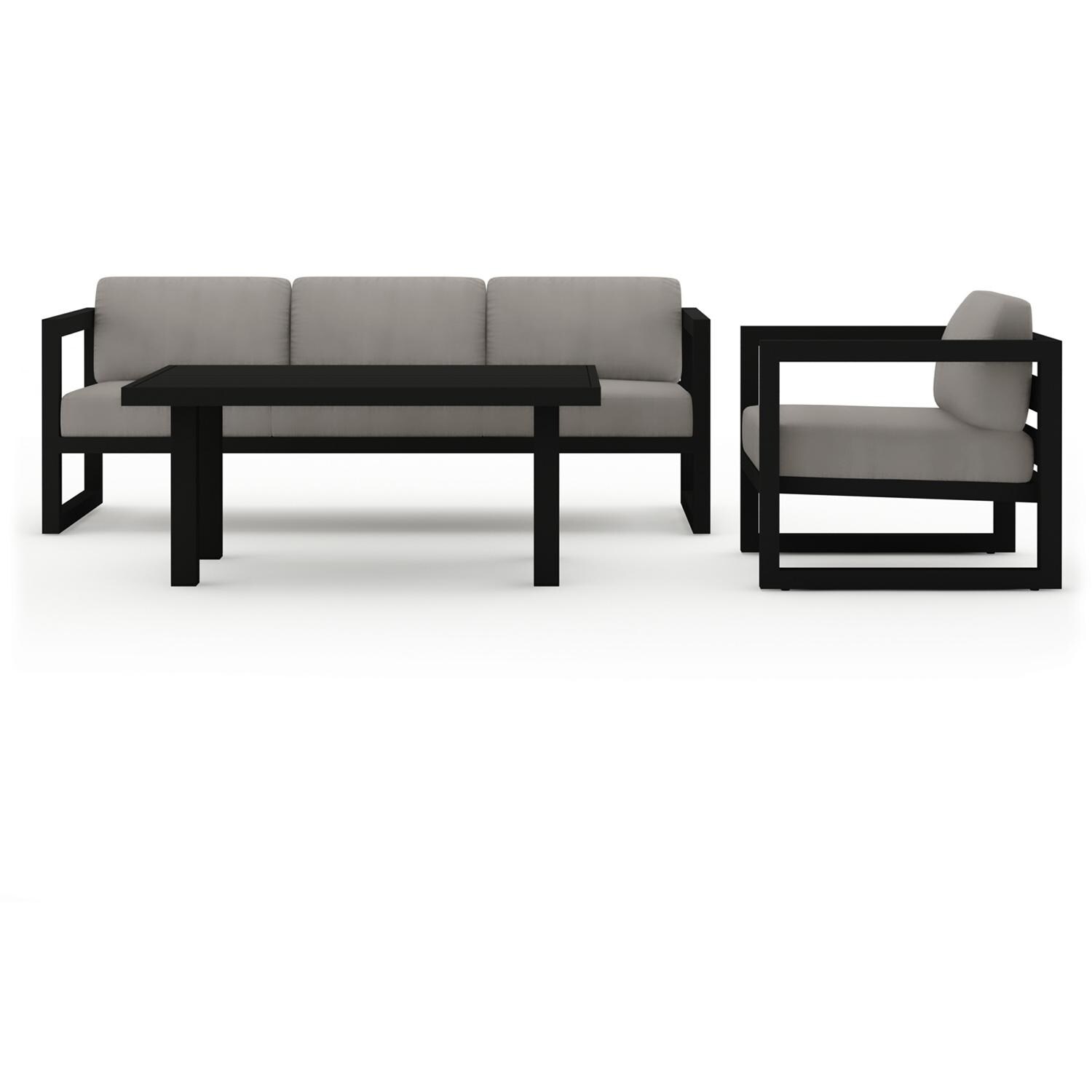Misty Cove 3 Pc Aluminum Seating Set w/ Sofa & Classic Chat Table in Black/Canvas Charcoal by Lakeview Outdoor Designs