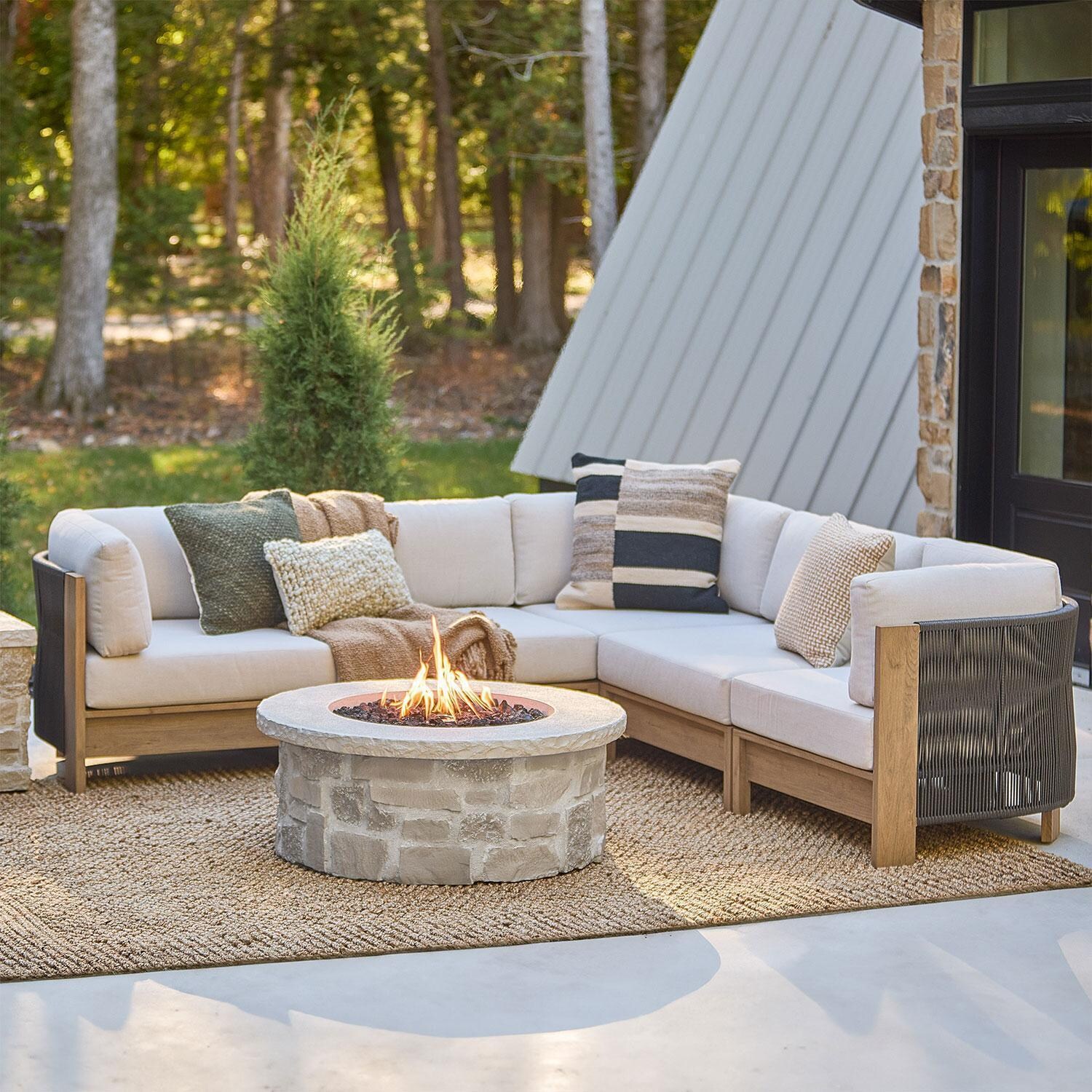 Heritage 33 Inch Armless Outdoor Chair in Beechwood W/ Sunbrella Cushions by Lakeview Outdoor Designs - Back Patio - Assembled W/ Sectional & Fire Pit (Sold Separately) - Lifestyle thumbnail
