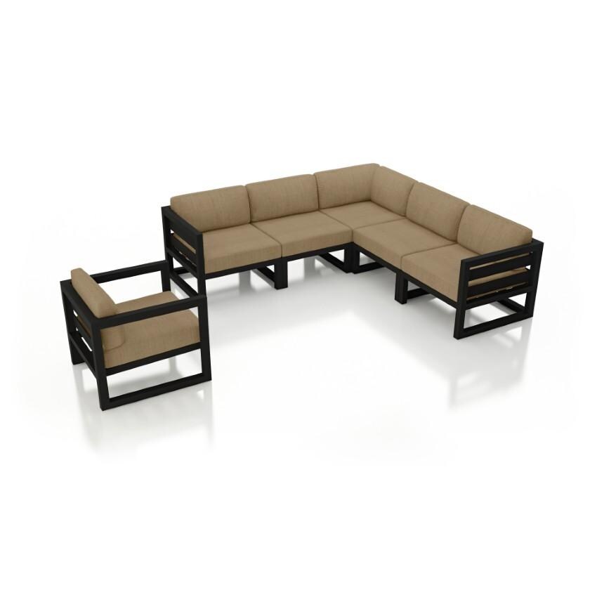 Lakeview Misty Cove 6 Pc Aluminum Sectional Set in Black w/Club Chair & Heather Beige Cushions by Lakeview Outdoor Designs - White Background thumbnail