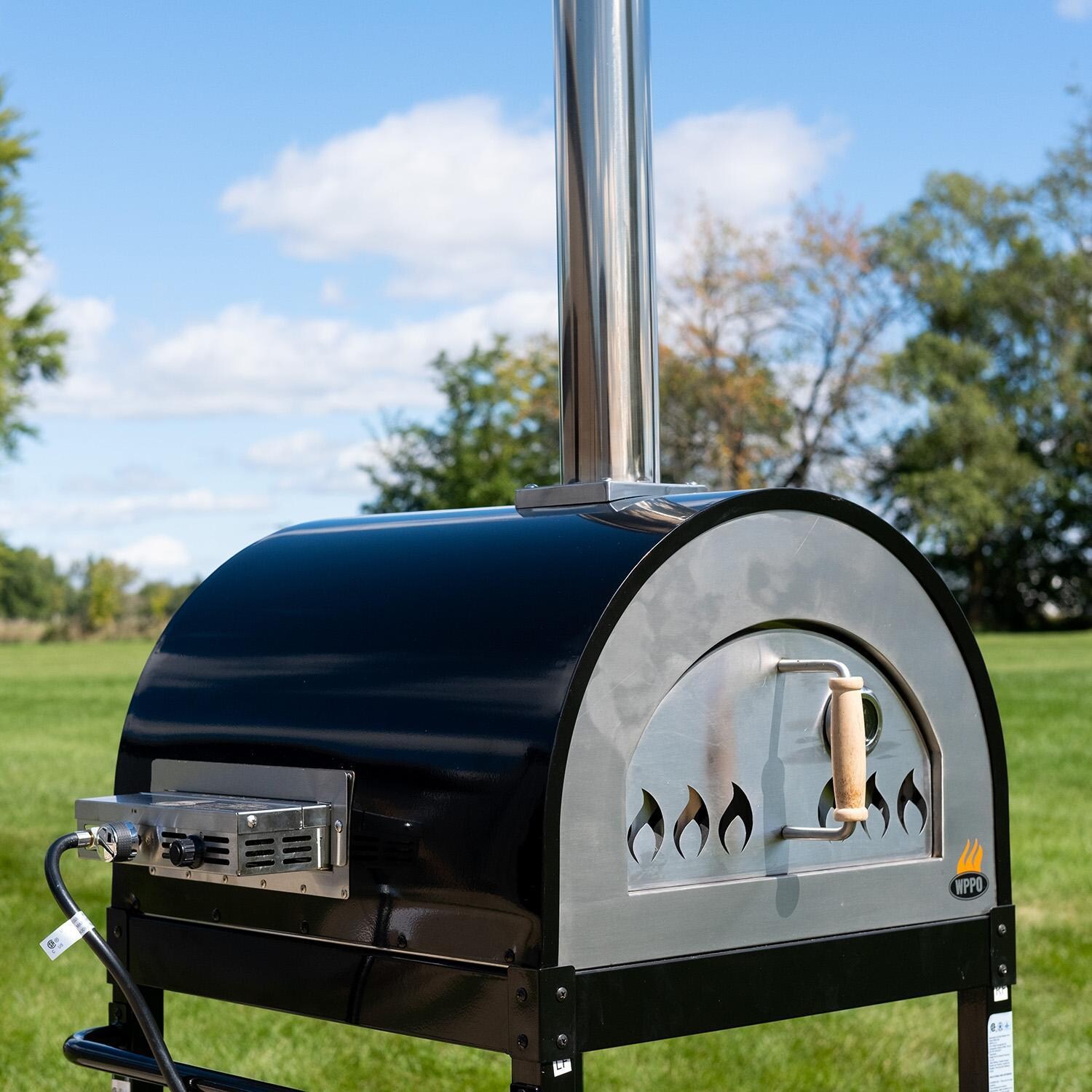 WPPO WKE-04WG-BLK Traditional Dual Fueled 25-in Wood/Gas-Fired Oven - Black - Angled View w/ Attachment - Lifestyle thumbnail