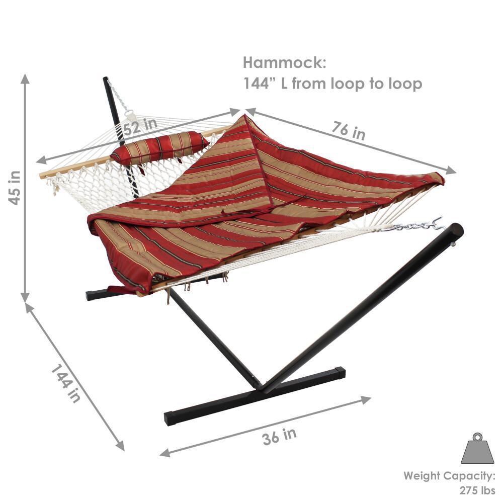 Ultimate Patio Rope Hammock w/ 12-Foot Stand, Pad, & Pillow - Awning Stripe - Dimensions - Dimensional thumbnail