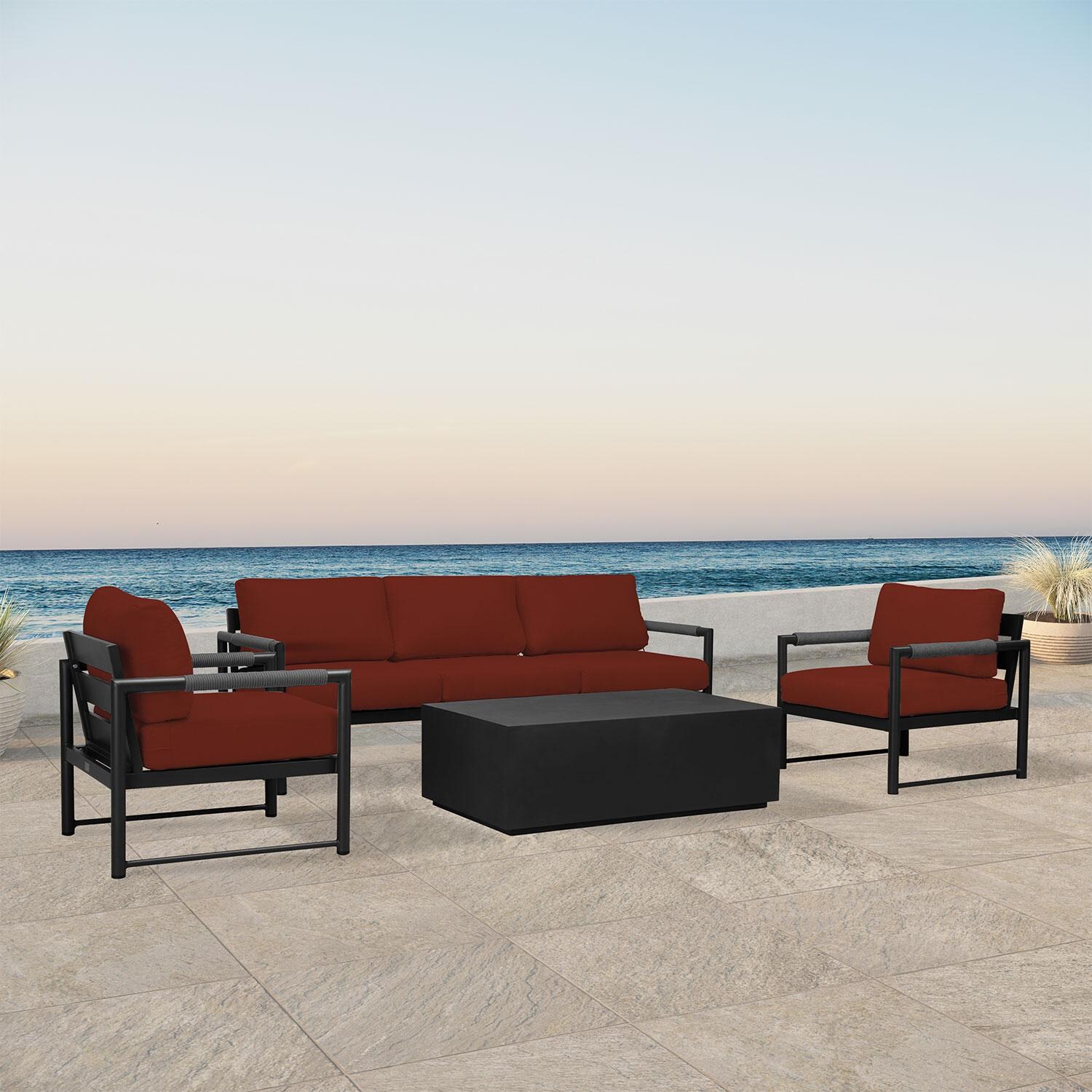 Lakeview AVEBAY-BK-CO-SET135-HN Avenue Bay Black/Carbon 4 Pc Sofa Set - Canvas Henna - Angled On Patio - Lifestyle thumbnail