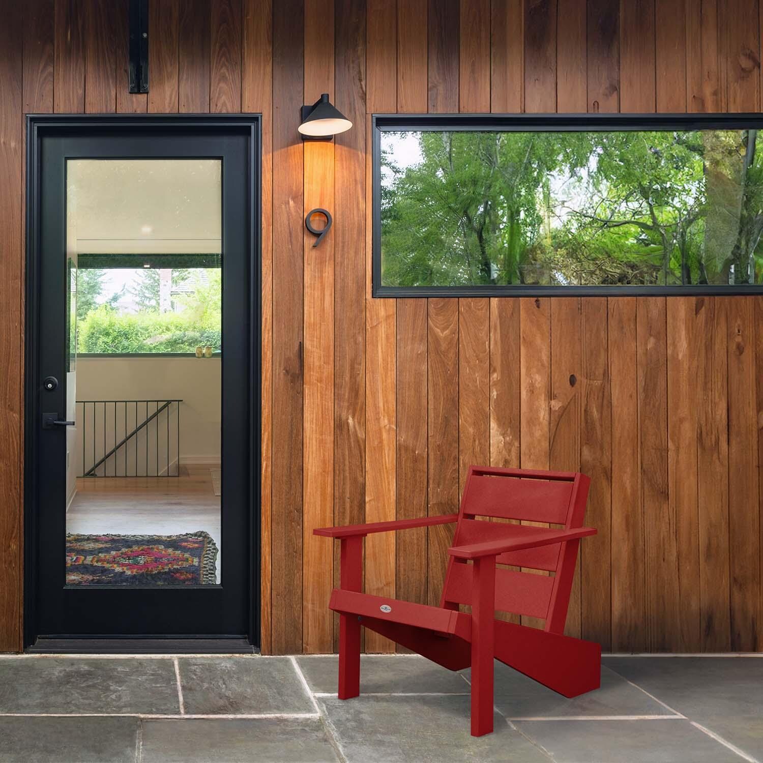 Hazel Cove Recycled Plastic Adirondack Chair in Boathouse Red by Lakeview Outdoor Designs - By Door - Lifestyle thumbnail