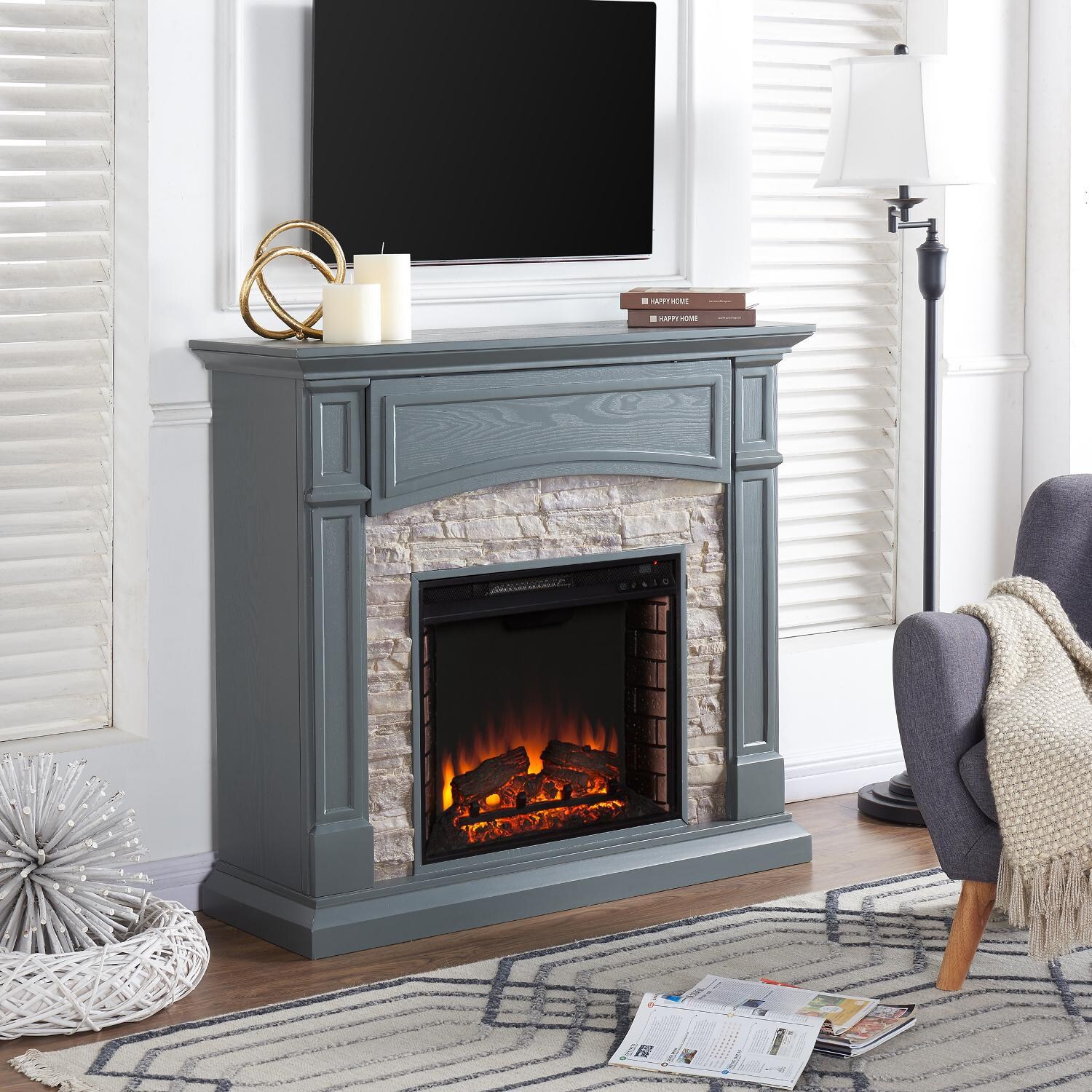 Southern Enterprises Seneca 45-Inch Electric Fireplace Mantel - Cool Slate Gray W/ Weathered Faux Stone - FE9364 - Angled View thumbnail