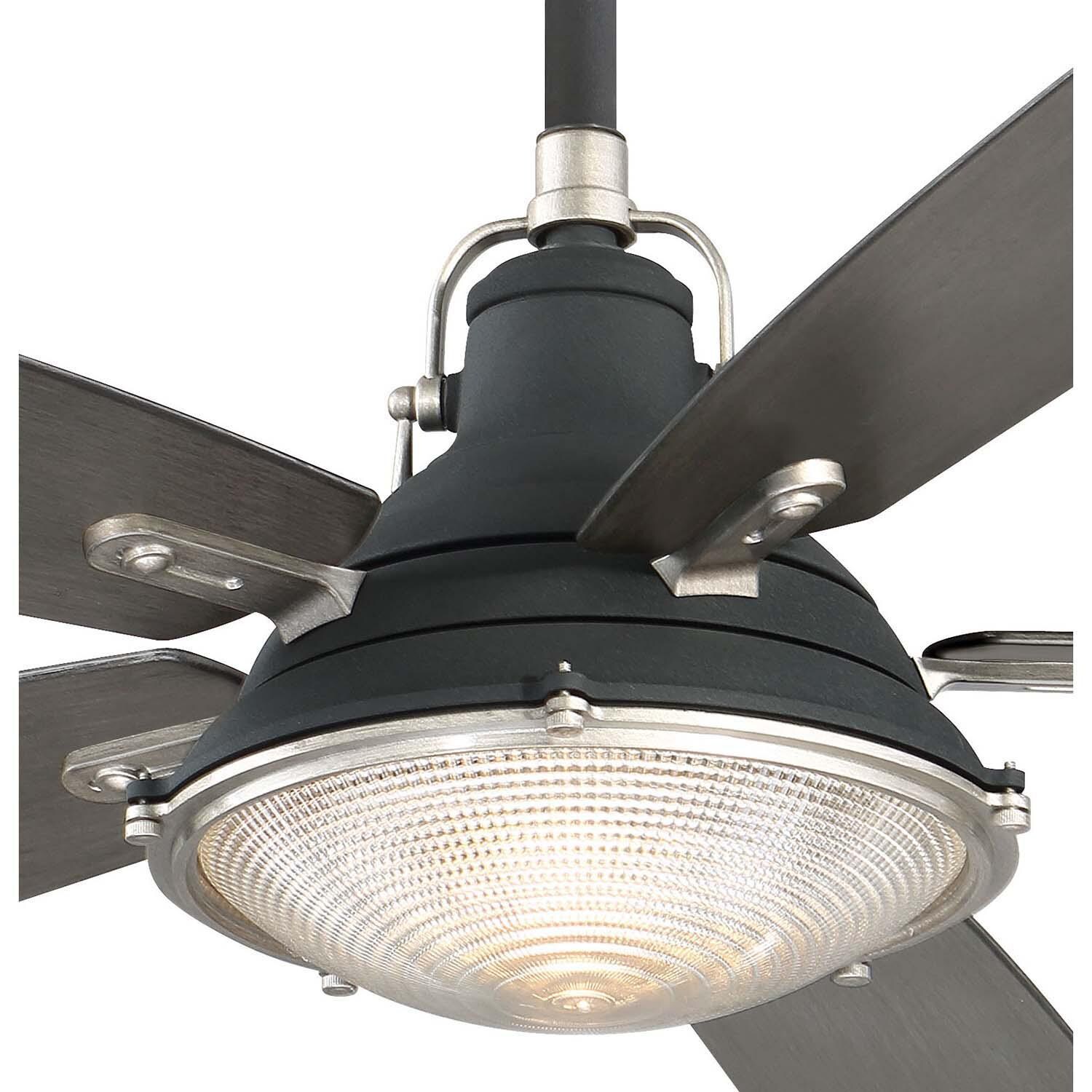 Minka-Aire F681L-SDBK/WS Groton 56-Inch 5-Blade LED Ceiling Fan in Sand Black & Weathered Steel Finish w/ Charcoal Driftwood Blades & Clear Fresnel Lens - Close Up thumbnail