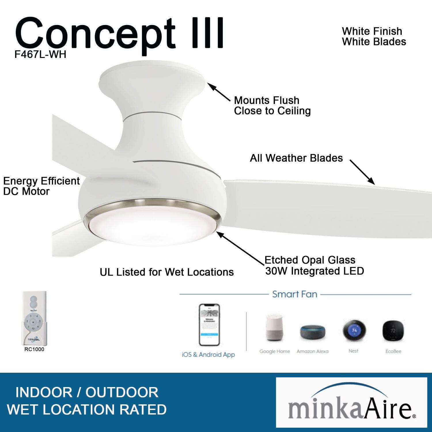 Minka-Aire F467L-WH Concept III 54-Inch 3-Blade LED Smart Ceiling Fan in White Finish W/ White Blades W/ Etched Opal Glass - Fan Details thumbnail