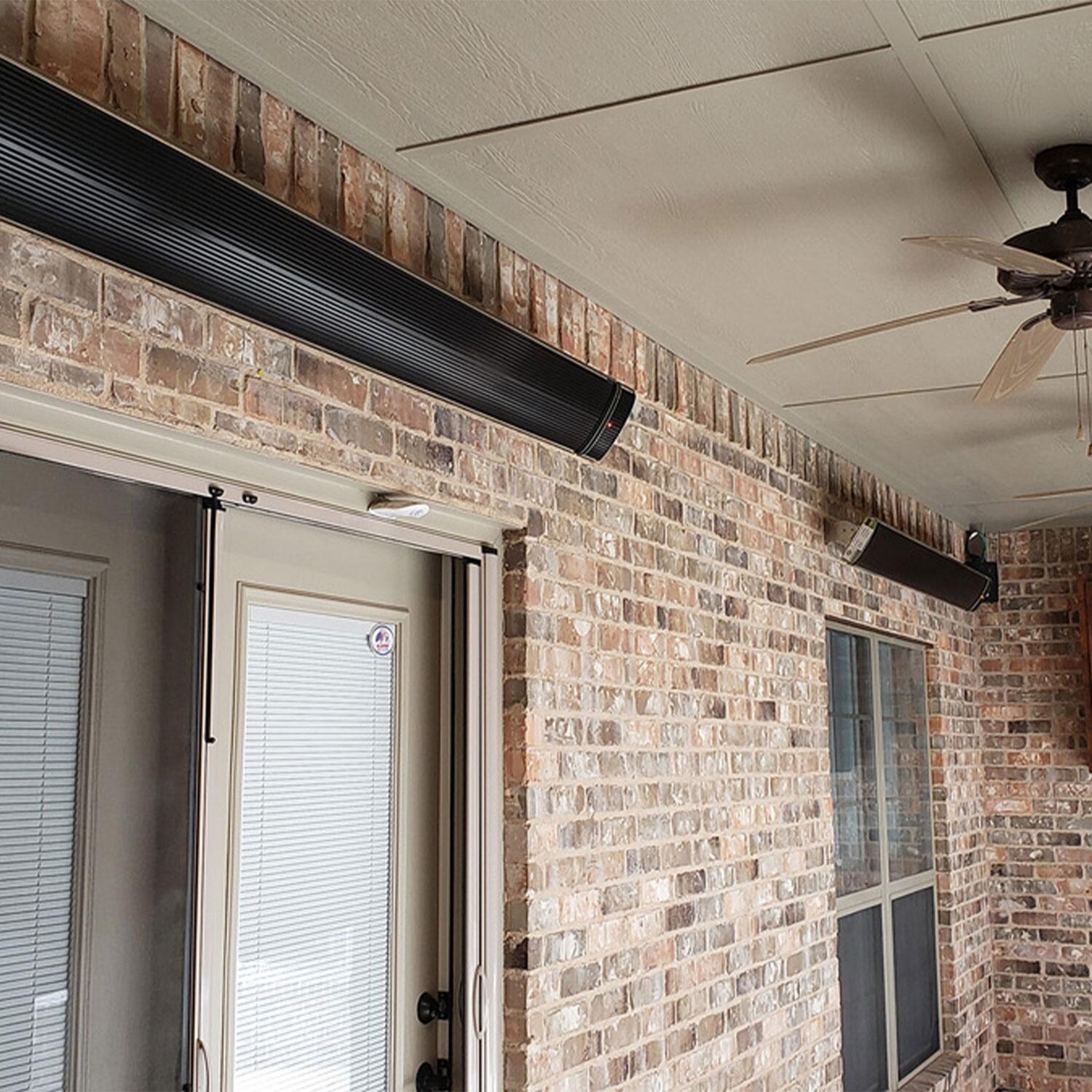 RADtec E Series 82 1/2 Inch 3200 W Triple Element 240V Electric Infrared Patio Heater in Black - E32R - Installed in Brick Wall - Lifestyle thumbnail