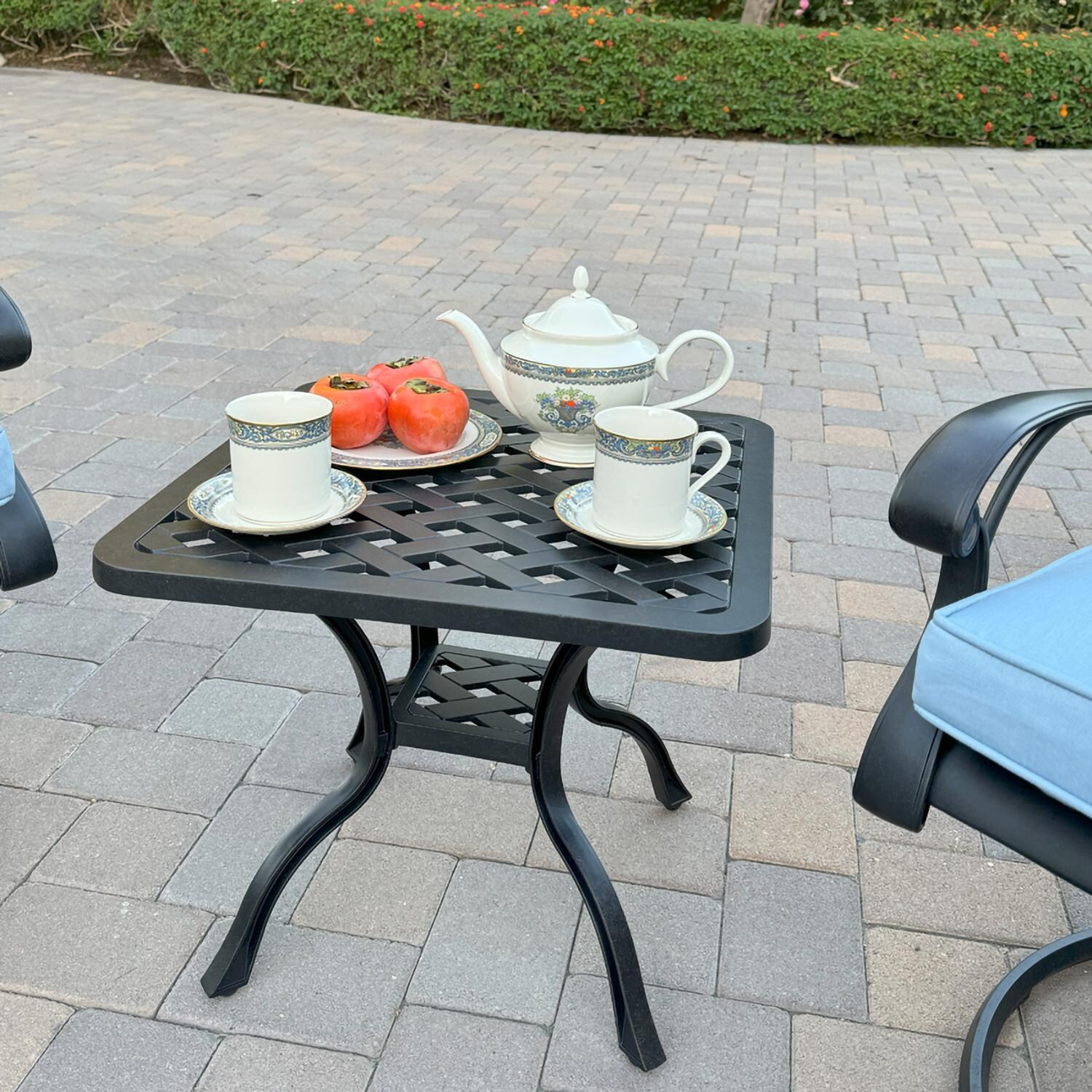 Darlee B/DL13-3PCR-30A-B Nassau 3 Pc Cast Aluminum Conversation Set w/ Rocker in Antique Bronze w/ Blue Cushions - Table Side View - Lifestyle thumbnail