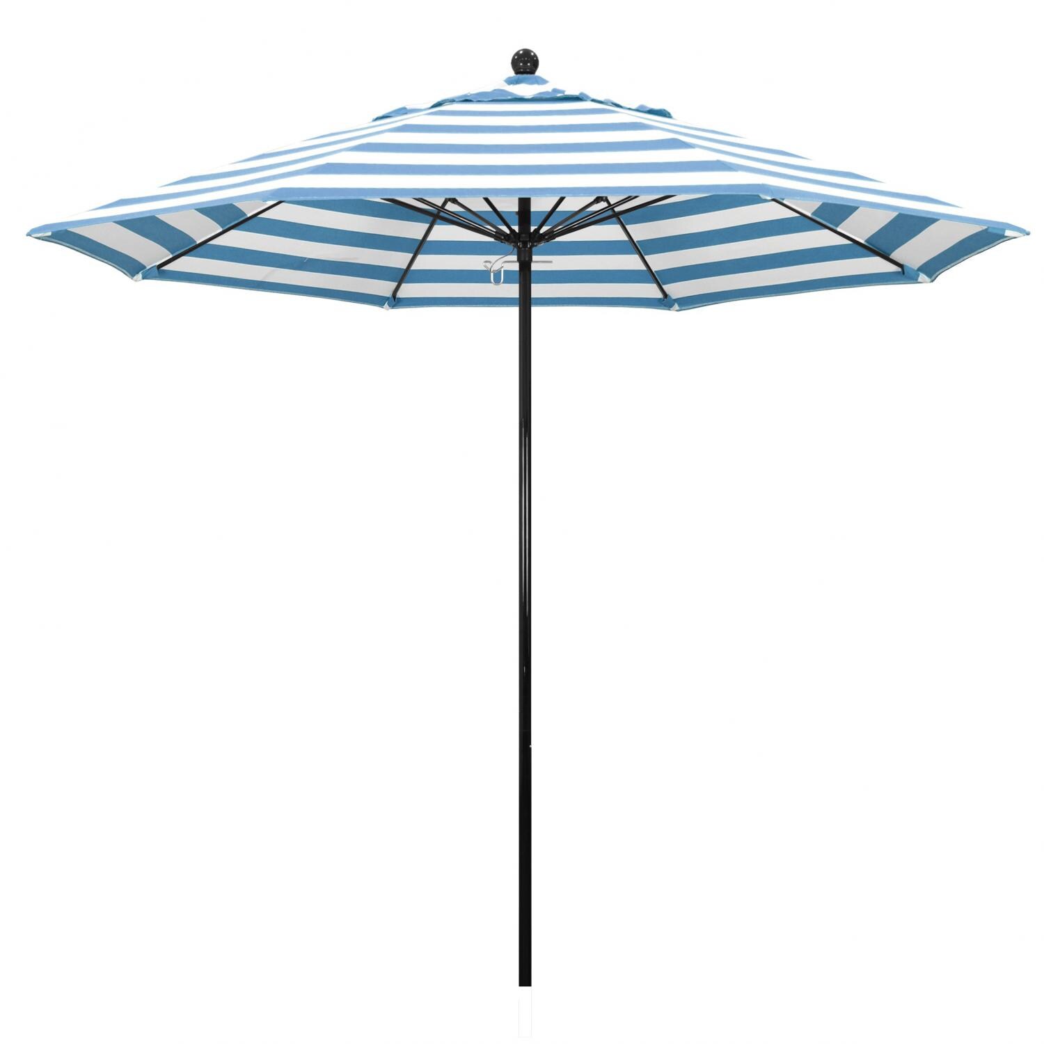 California Umbrella Oceanside Side 9 Ft Octagonal Fiberglass Patio Umbrella W/ Push Lift - Black Frame / Sunbrella Cabana Regatta Canopy