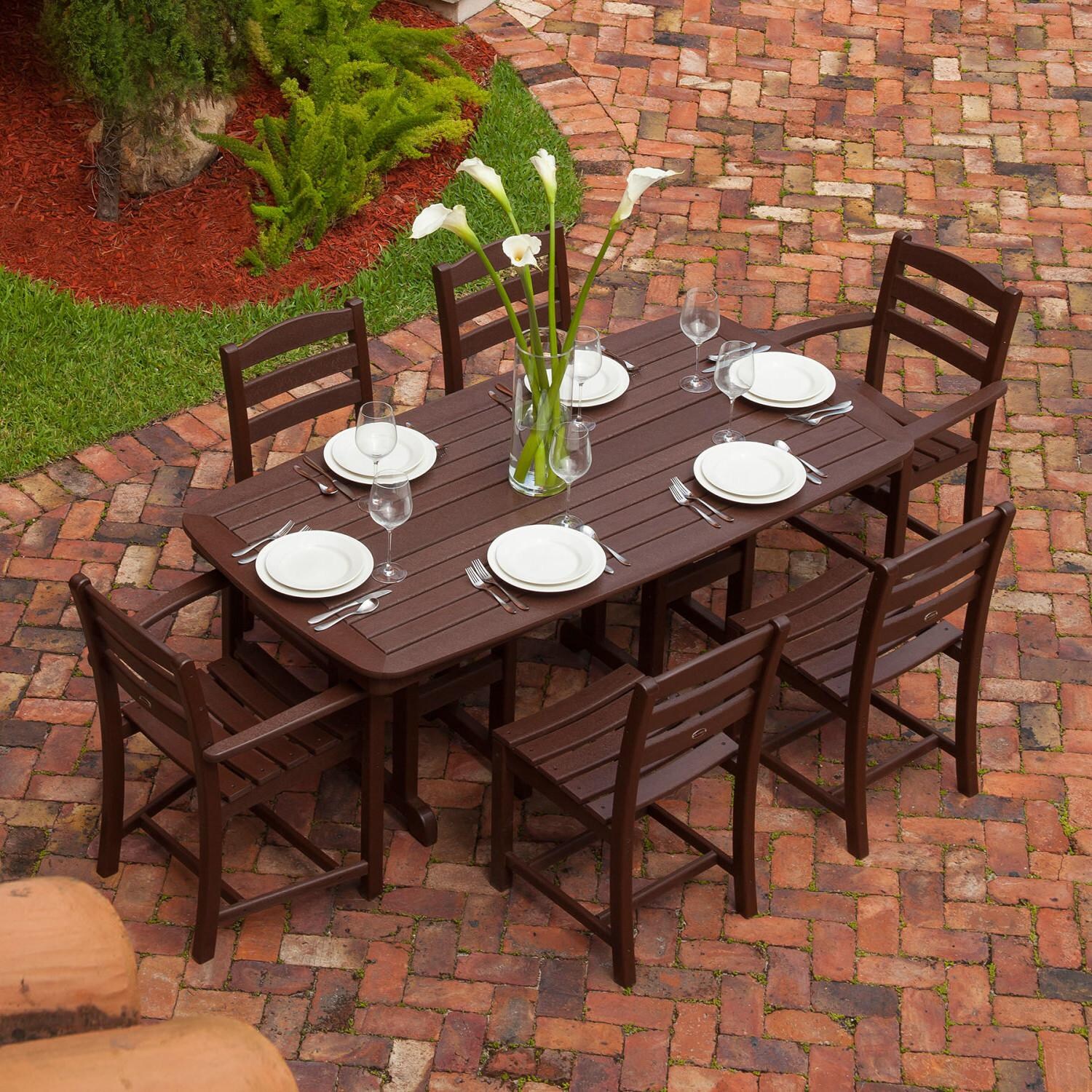 POLYWOOD La Casa Cafe 7 Piece Rectangular Arm Chair Dining Set - Mahogany