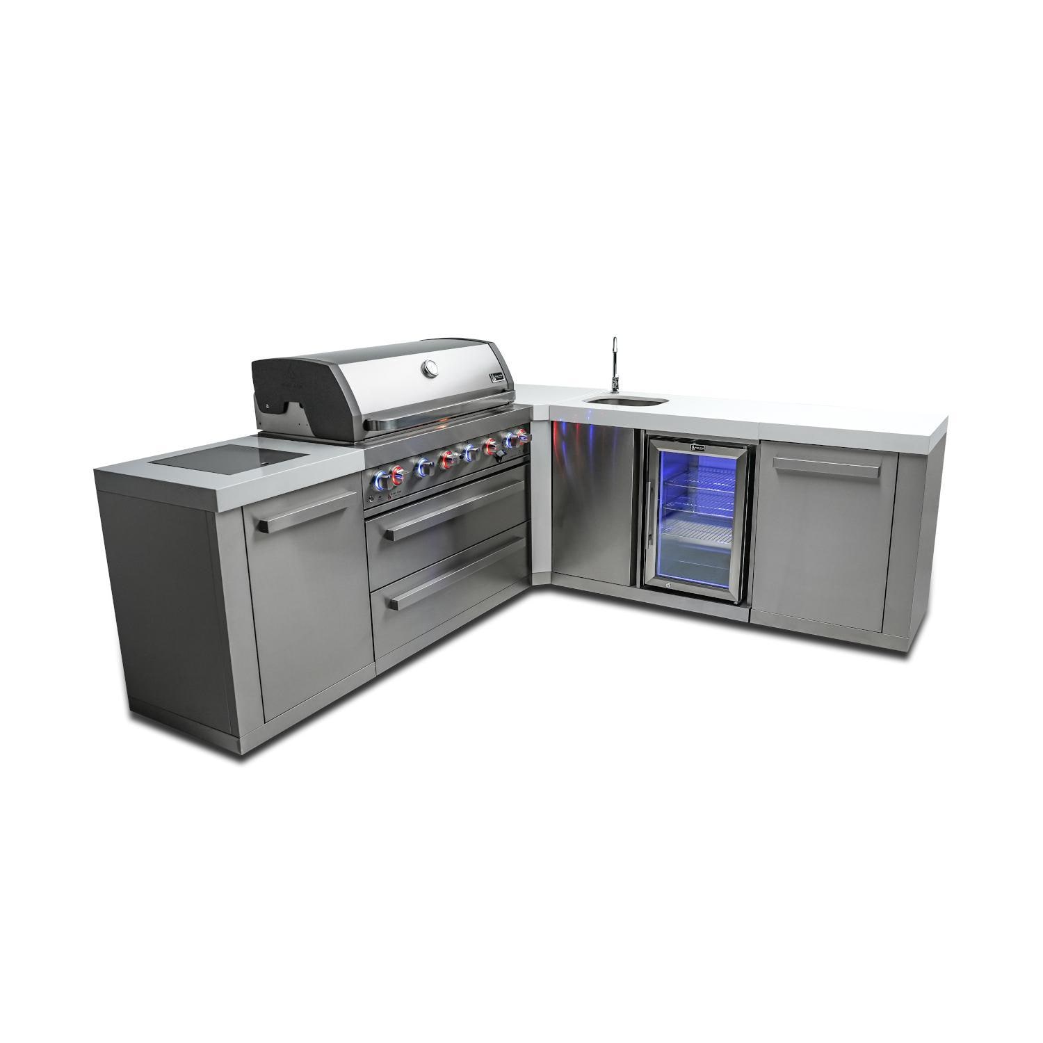 Mont Alpi Original Series 8 Ft L-Shaped Natural Gas Outdoor Kitchen Island w/ Side Burner & Beverage Center (Ships Propane w/ Conversion Kit) - MAi805-90BEV