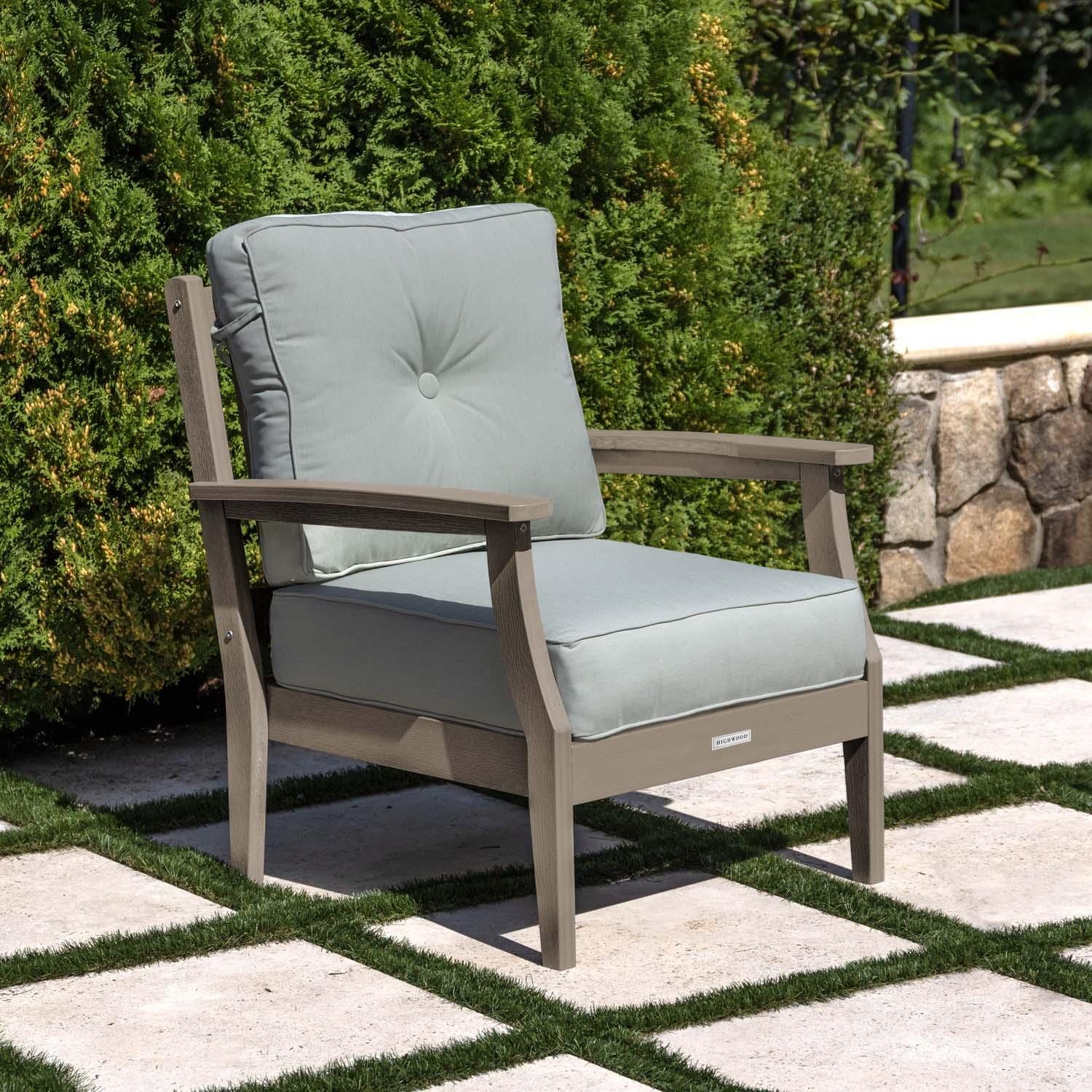 Blushing Bay Recycled Plastic Club Chair in Canvas Seasalt/Woodland Brown by Lakeview Outdoor Designs - On Patio - Lifestyle thumbnail
