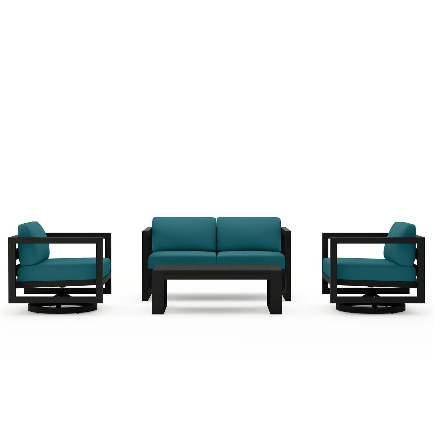 Misty Cove 4 Pc Aluminum Loveseat Seating Set w/ Swivel Chairs in Black/Spectrum Peacock by Lakeview Outdoor Designs - Front View - White Background thumbnail
