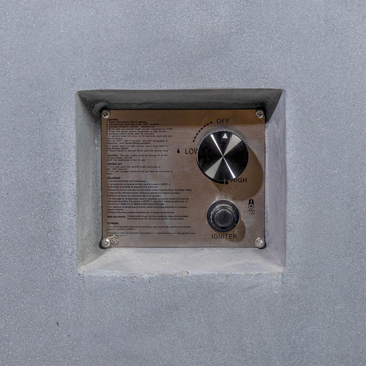 Glenwood 42-in Square Concrete Propane Fire Pit w/ Hidden Propane Tank in Natural Gray - Burner Switch - Detail thumbnail