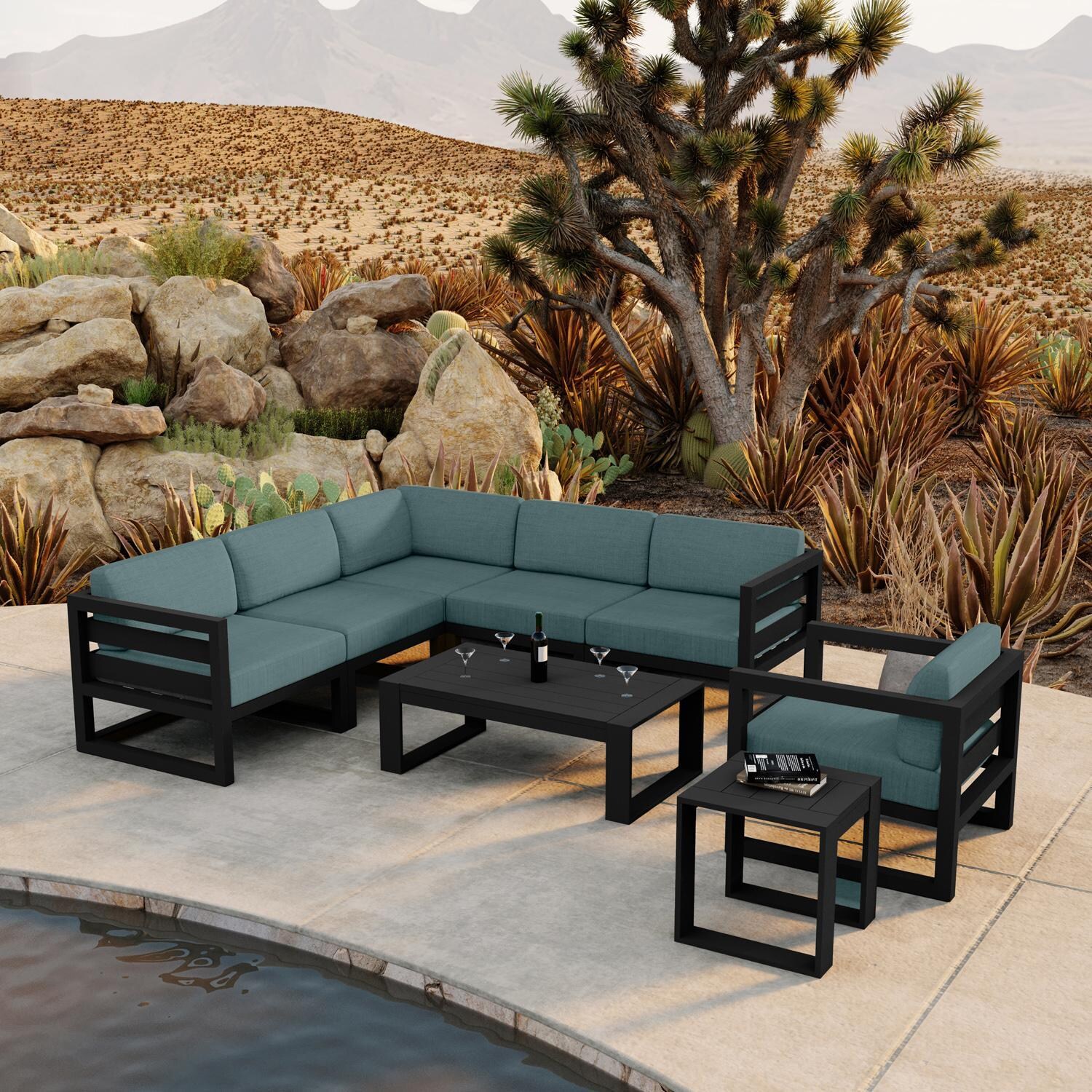 Lakeview MSTYCV-BK-8SEC-CL Misty Cove 8 Pc Aluminum Sectional Set in Black w/Coffee Table & Cast Lagoon Cushions by Lakeview Outdoor Designs - Set by the Pool - Lifestyle thumbnail