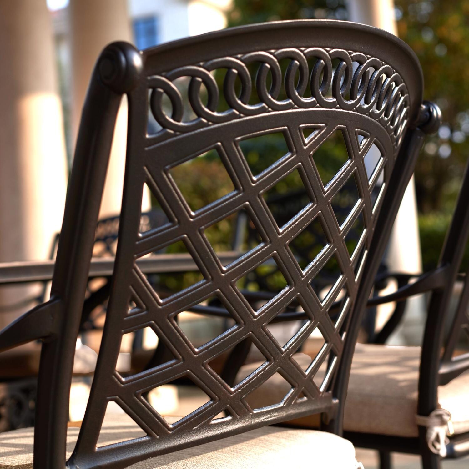 Darlee 201030-7PC-60GHD Sedona 7 Piece Cast Aluminum Patio Counter Height Fire Pit Bar Set W/ 60 Inch Round Table & Beige Canvas Cushions - Counter Height Bar Stool - Rear View - Detail thumbnail