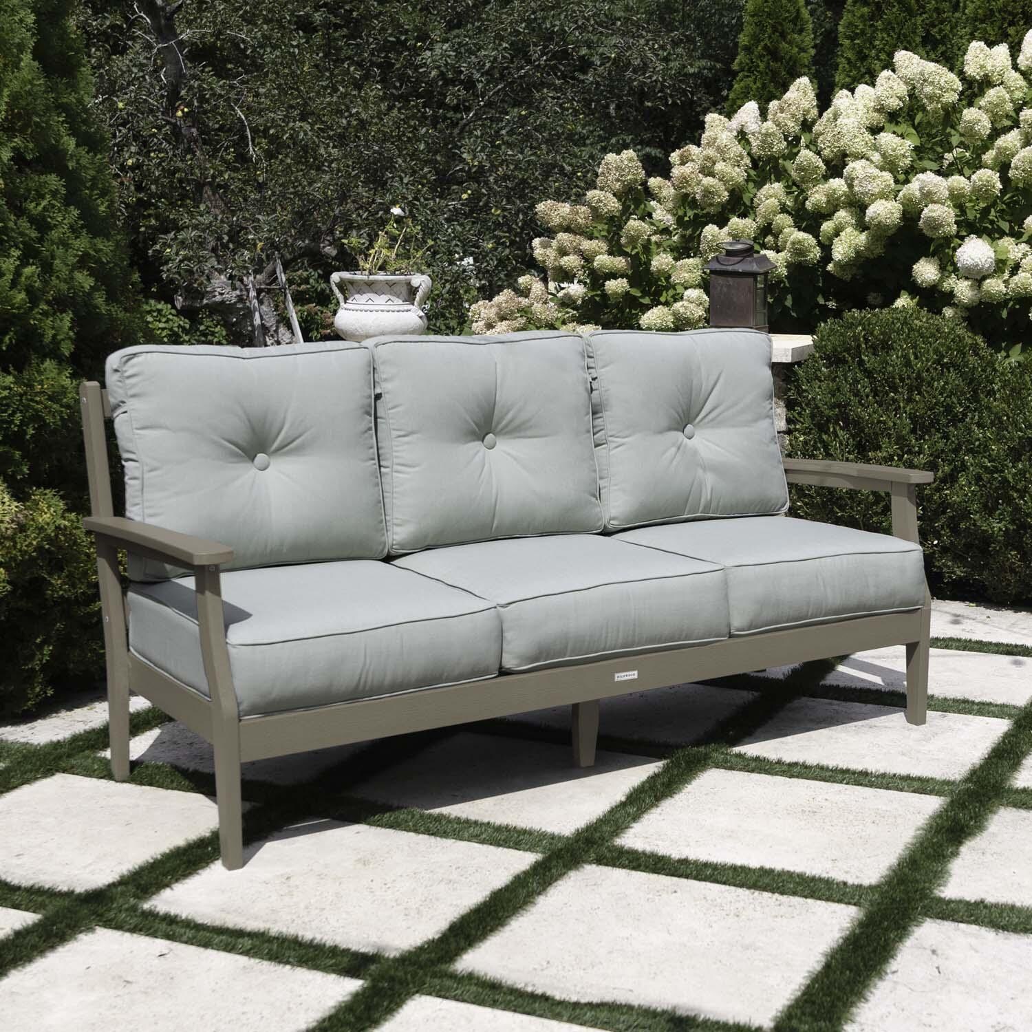 Blushing Bay 3 Person Recycled Plastic Sofa in Canvas Seasalt/Woodland Brown by Lakeview Outdoor Designs - Left Angled - Lifestyle thumbnail