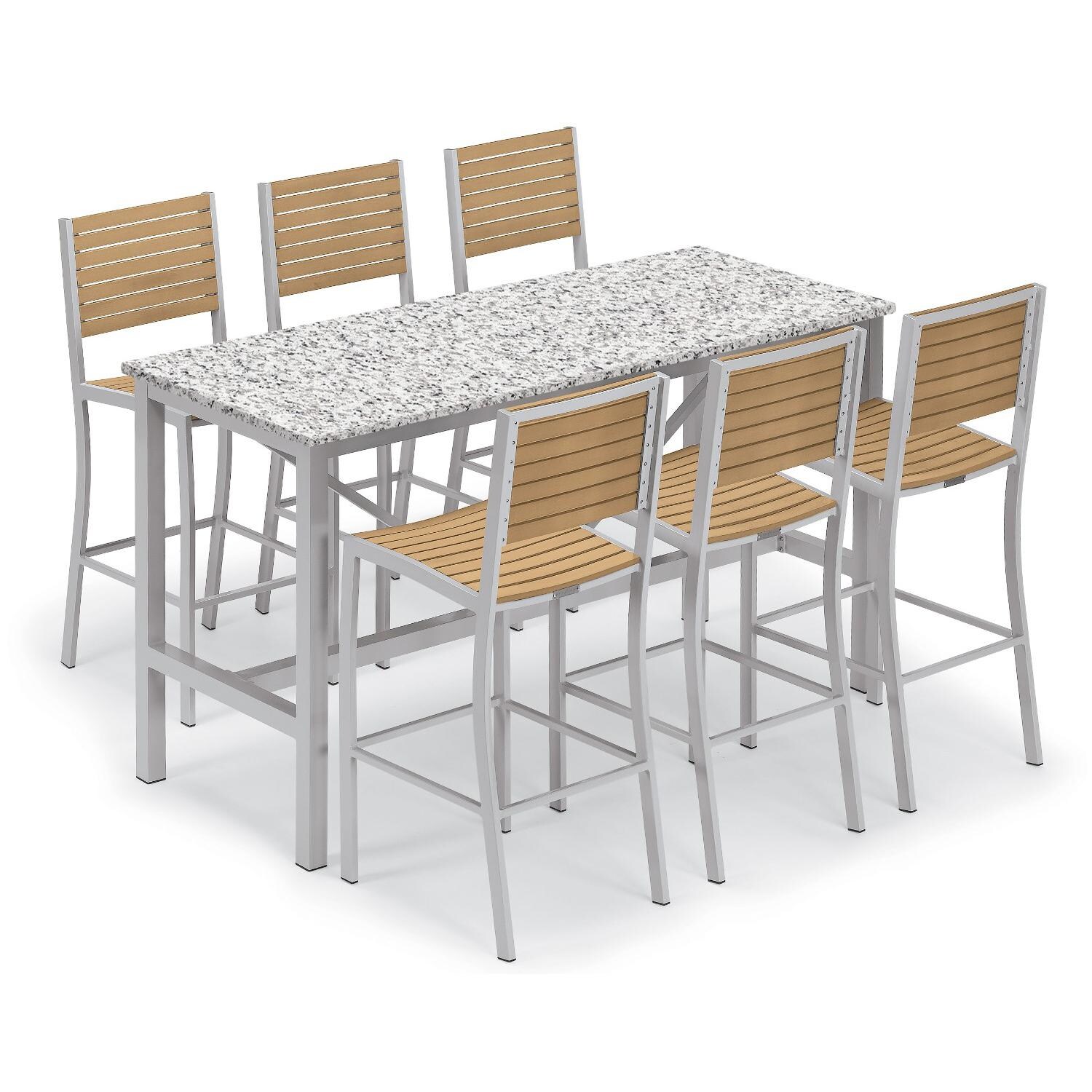 Travira 7 Piece Aluminum Patio Bar Set W/ 72 X 30 Inch Retangular Lite-Core Ash Table and Tekwood Natural Bar Stools By Oxford Garden thumbnail
