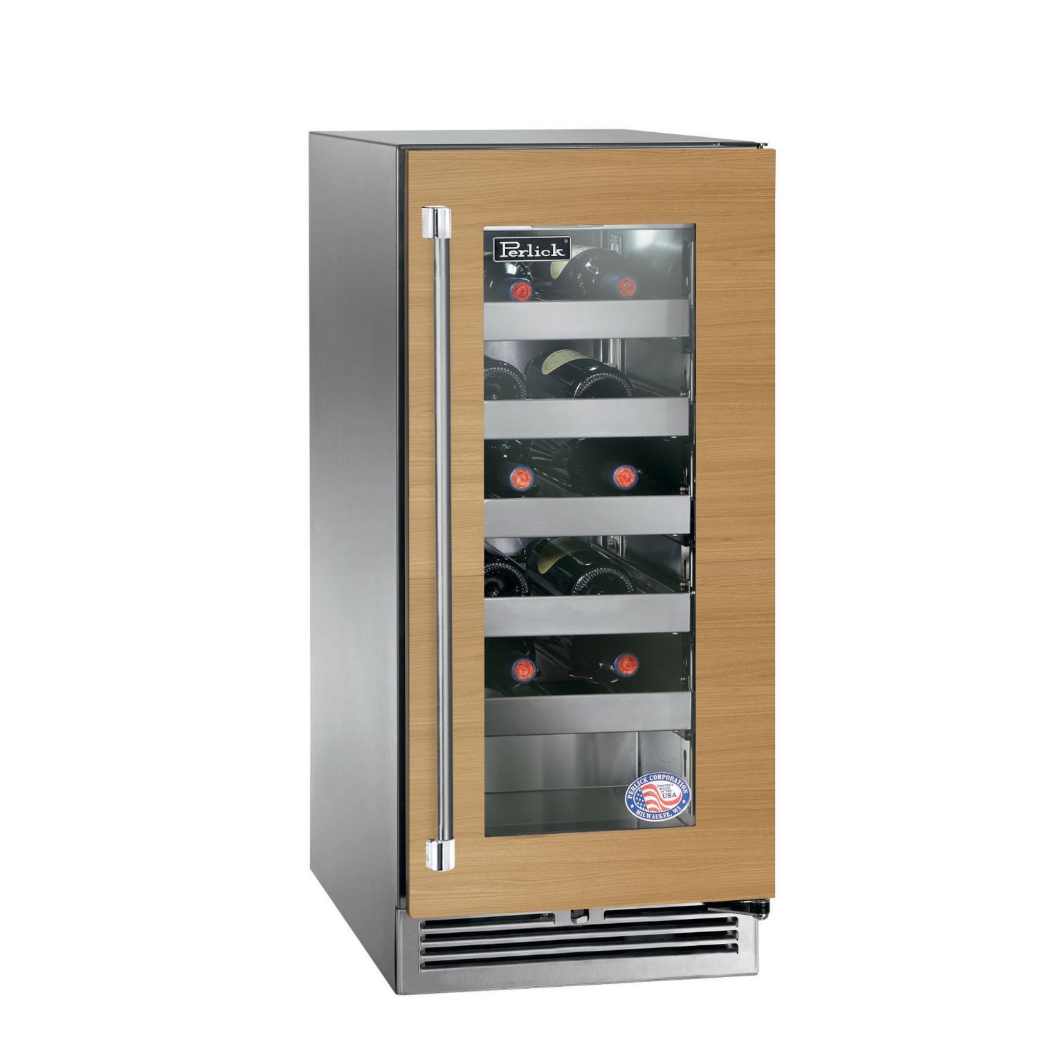 Perlick HP15WM-4-4RL 15-Inch Signature Series Stainless Steel Panel Ready Glass Door Outdoor Wine Reserve w/ Door Lock - Custom Dark Wood Panel thumbnail