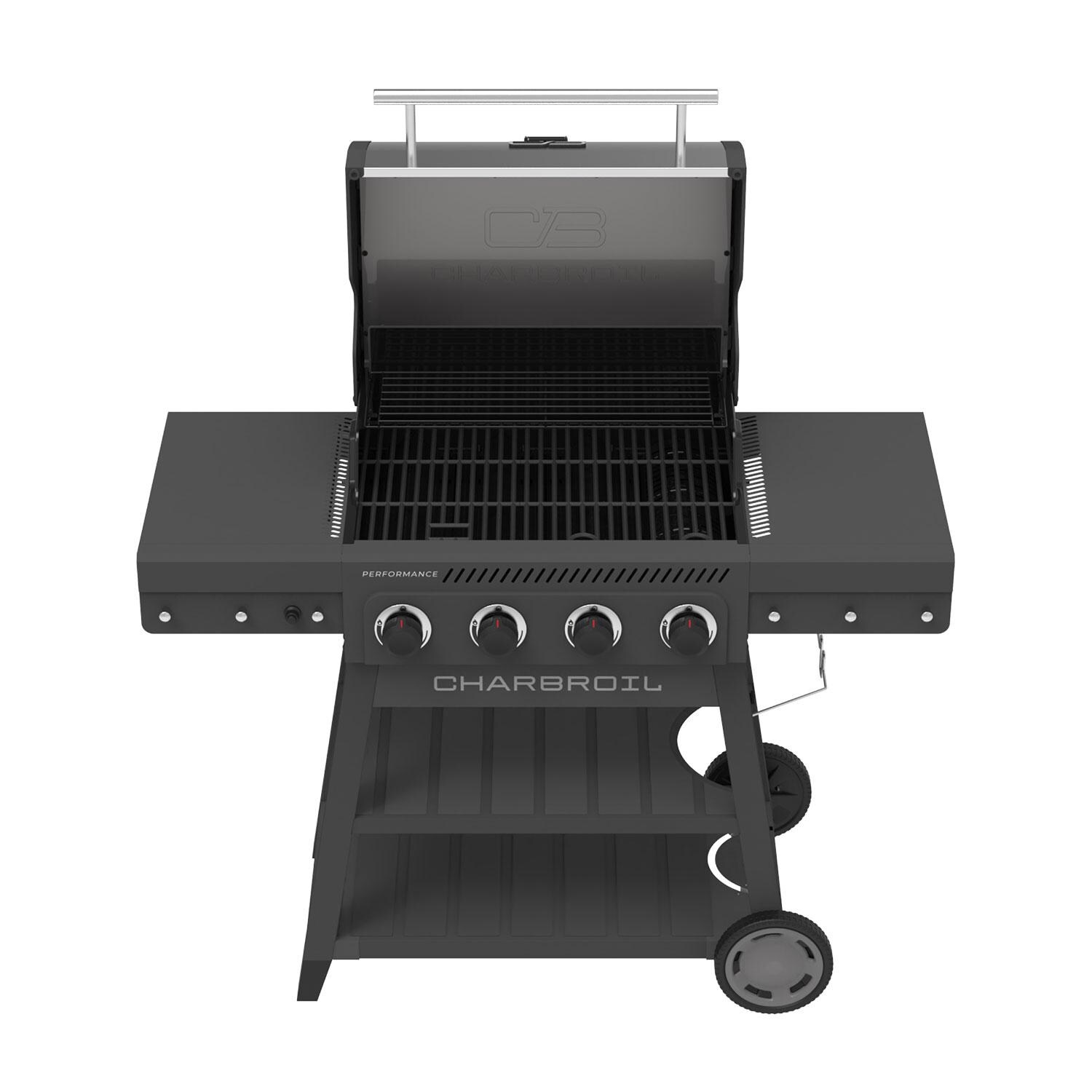 Charbroil 463349025 Performance Series 4-Burner Propane Grill A-Frame Cart - Grey & Stainless Steel - Storage Cabinet - White Background thumbnail