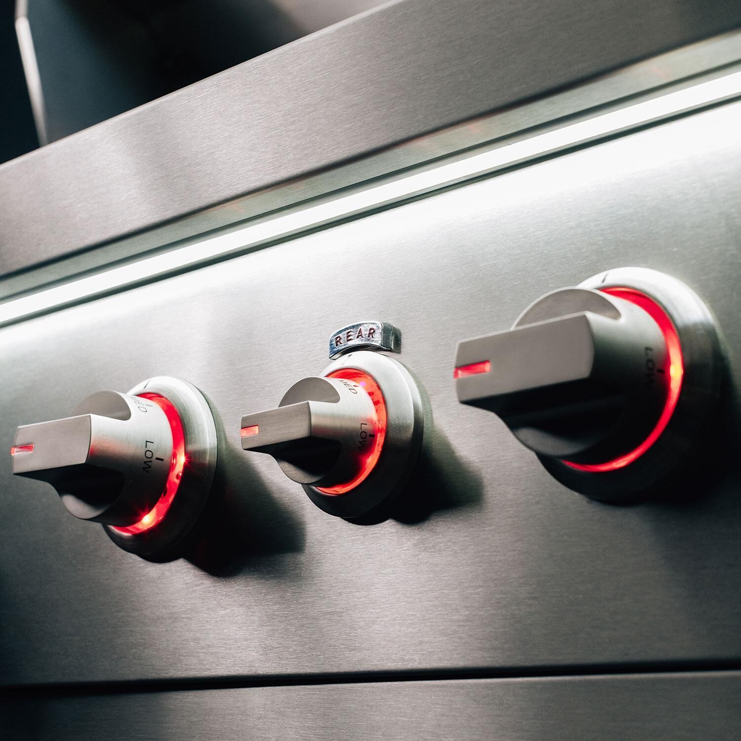 Summerset QST42-LP Quest 42-in 3 Burner Built-In Propane Gas Grill w/ Rear Infrared Burner, Rotisserie Kit, & Drop-In Griddle Plate - Red LED Lights On - Detail thumbnail