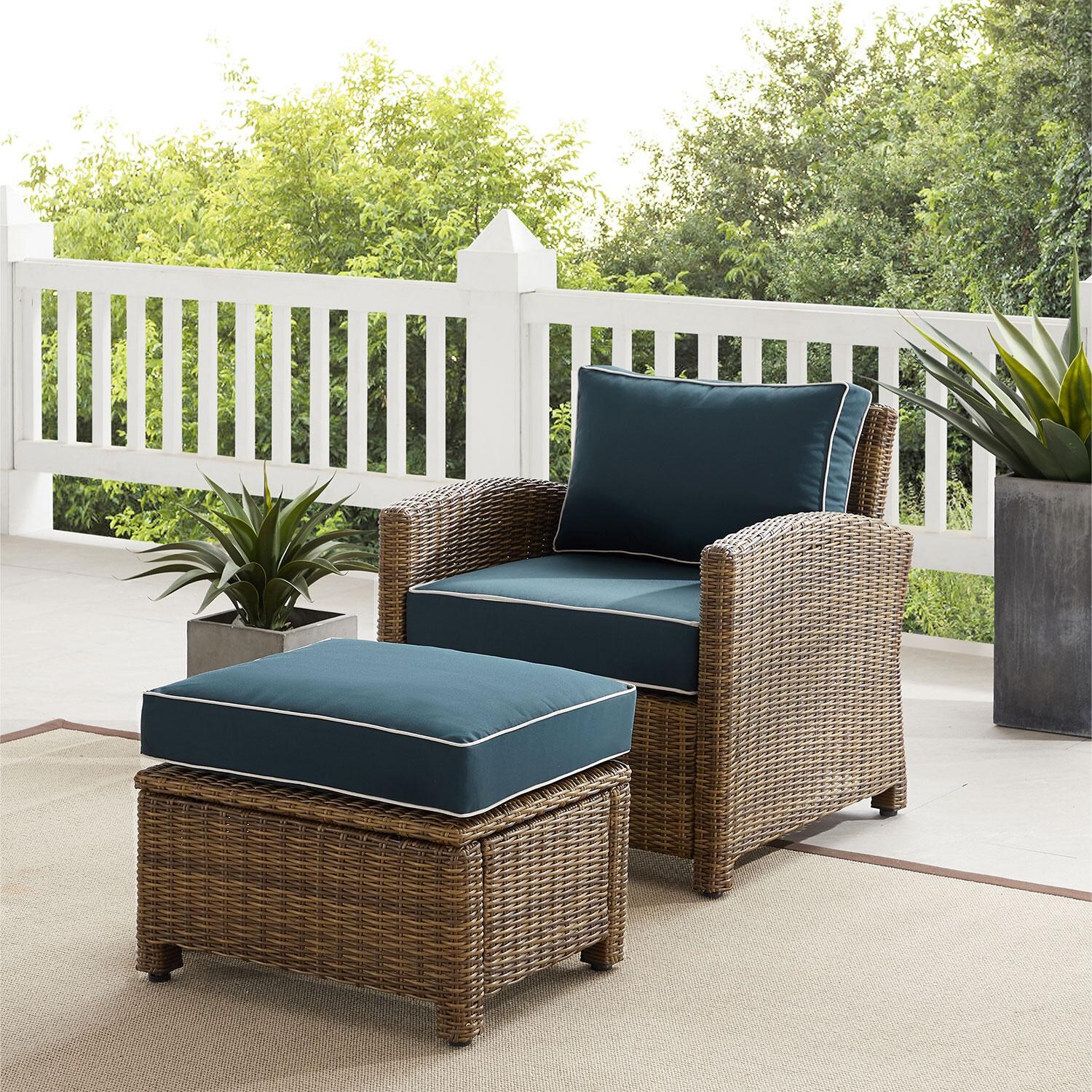 Ultimate Patio UP-92414WB-NV 2Pc Wicker Outdoor Chair Set in Navy - On Patio W/ Fire Table On - Lifestyle thumbnail