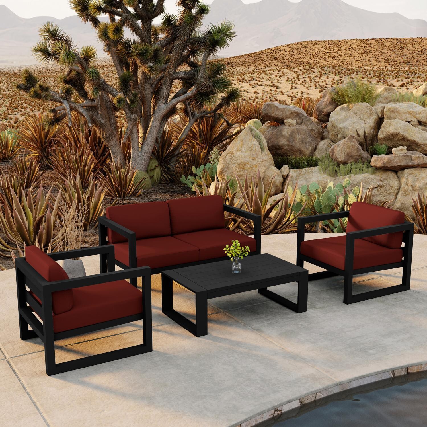 Lakeview MSTYMAS-BK-4SS-HN Misty Cove 4 Pc Aluminum Seating Set in Black w/Loveseat & Canvas Henna Cushions by Lakeview Outdoor Designs - By the Pool - Lifestyle thumbnail
