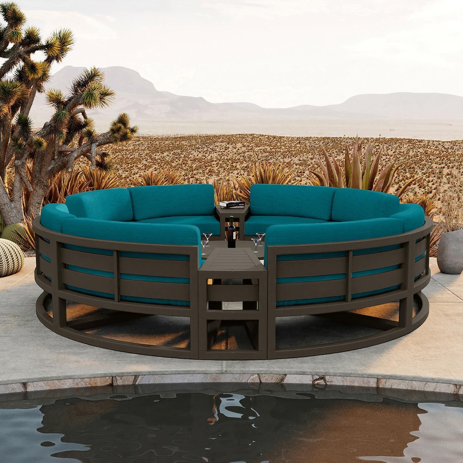 Misty Cove 7 Pc Aluminum Seating Set - Curved Sectional in Slate/Spectrum Peacock by Lakeview Outdoor Designs