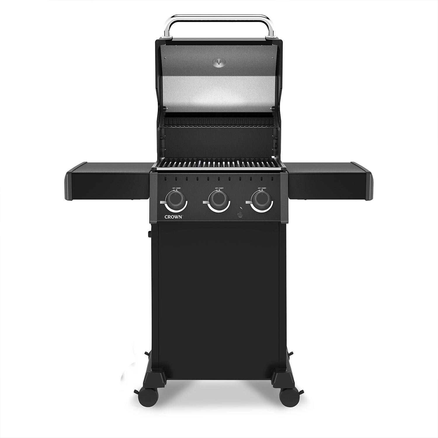 Broil King 864057 Crown 310 Shadow 3 Burner Natural Gas Grill - Black - Hood Up - Front View - White Background thumbnail