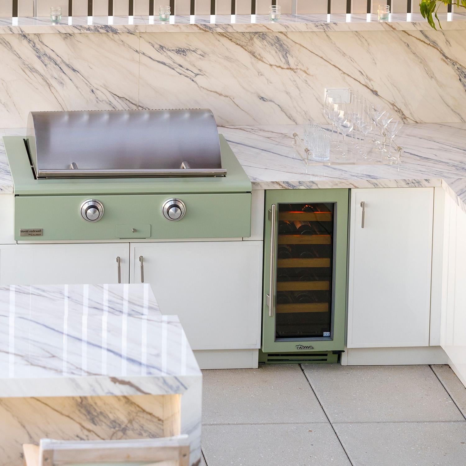Caliber CRG-42BL00-A-103-H01 42-in Propane Built-In Rockwell Grill - Saffron w/ Brass Hardware - Lid Closed (Shown in Sage) - Lifestyle thumbnail