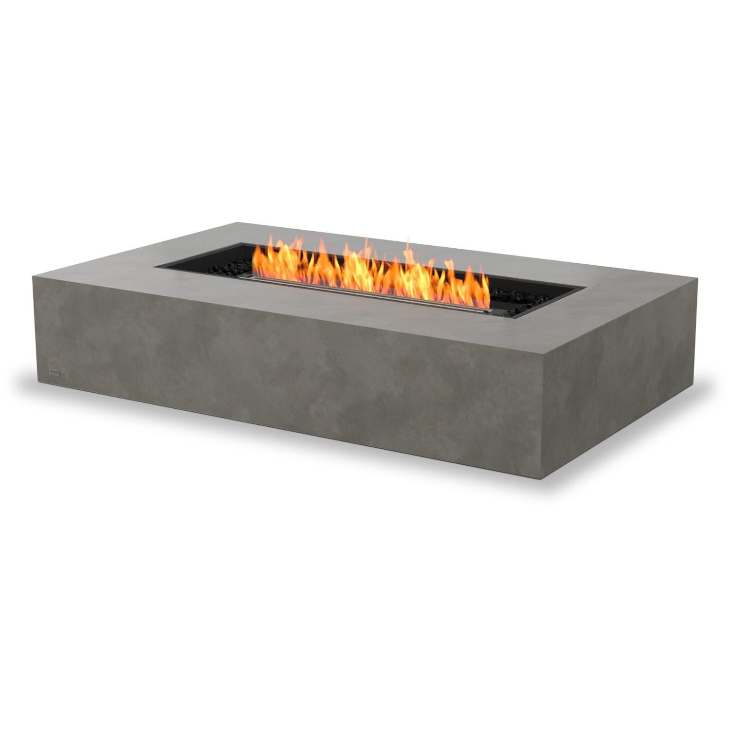 EcoSmart Fire ESF.O.WHF.65.NA.B Wharf 65 Inch Black Burner Rectangle Concrete Ethanol Pit Table in Natural Concrete - Angled with Fire Rocks - White Background thumbnail
