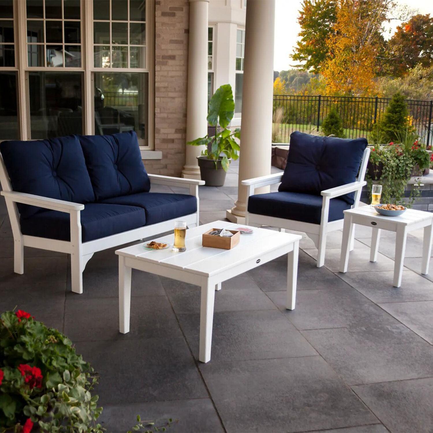 POLYWOOD Vineyard Slate Grey & Natural Linen 4-Piece Deep Seating Set - Back Patio - Shown in White/Marine Indigo - Lifestyle thumbnail