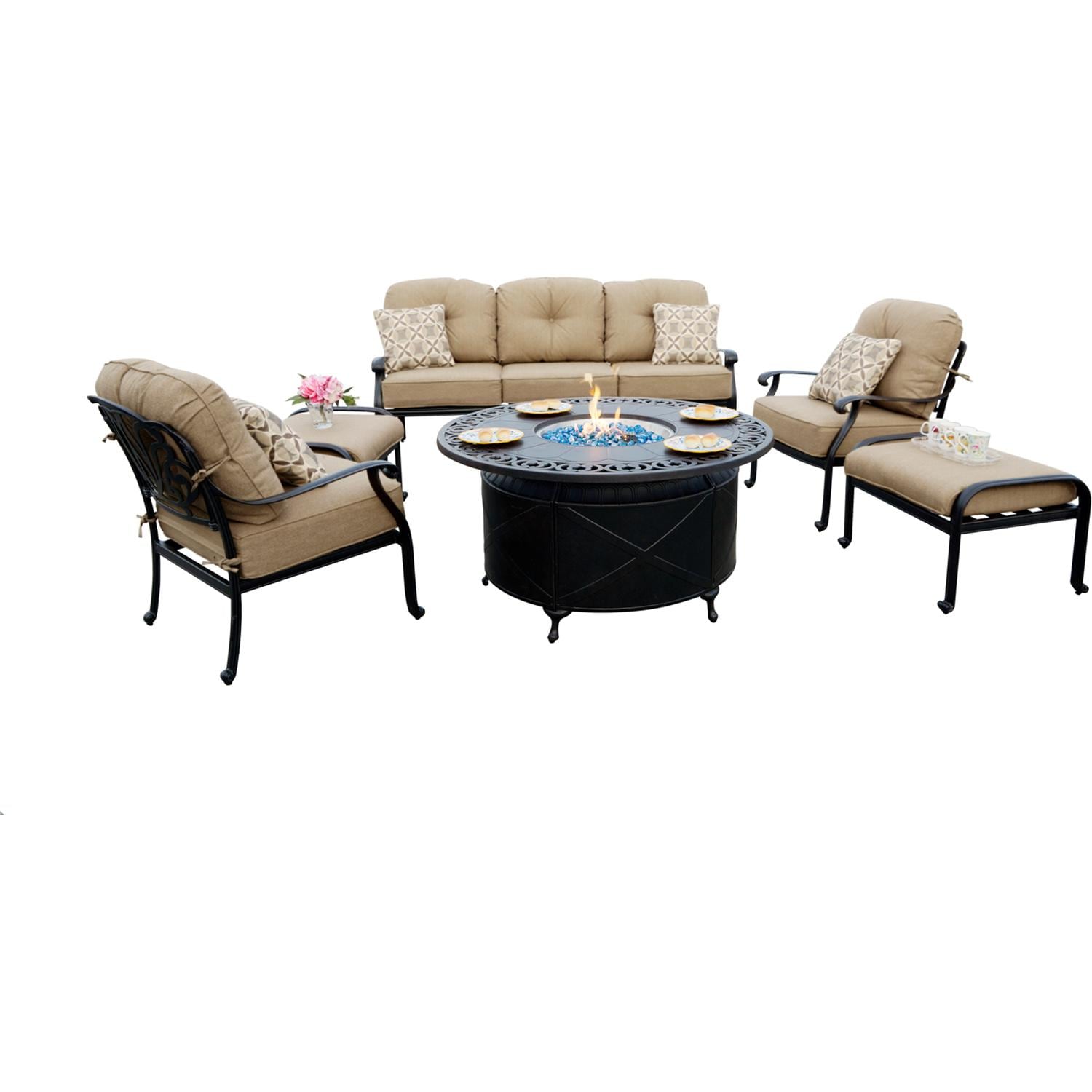 Elisabeth 6 Pc Cast Aluminum Fire Pit Sofa Seating Set w/ 47 Inch Table & Throw Pillows in Antique Bronze/Beige by Darlee