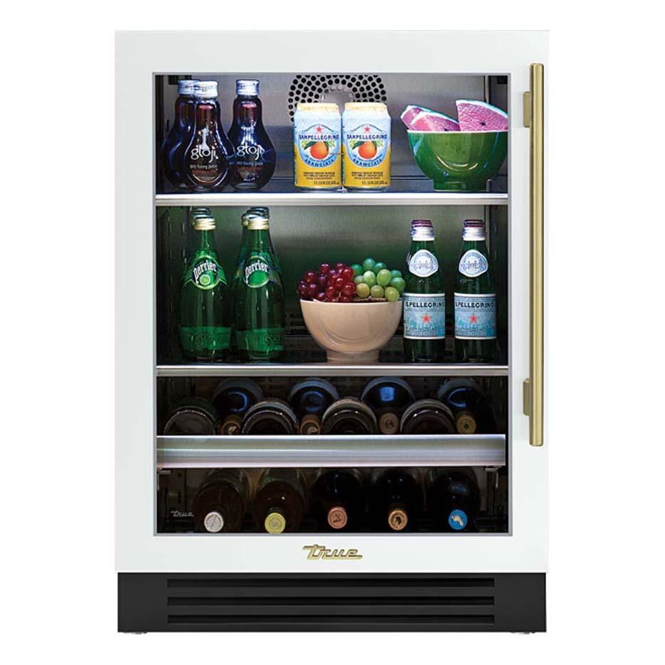 True TBC-24-L-OG-C~DSK-030-H01 24 Inch 147 Can 13 Bottle Left Hinge Glass Door Outdoor Beverage Center - Matte White w/ Brass Handle - White Background thumbnail
