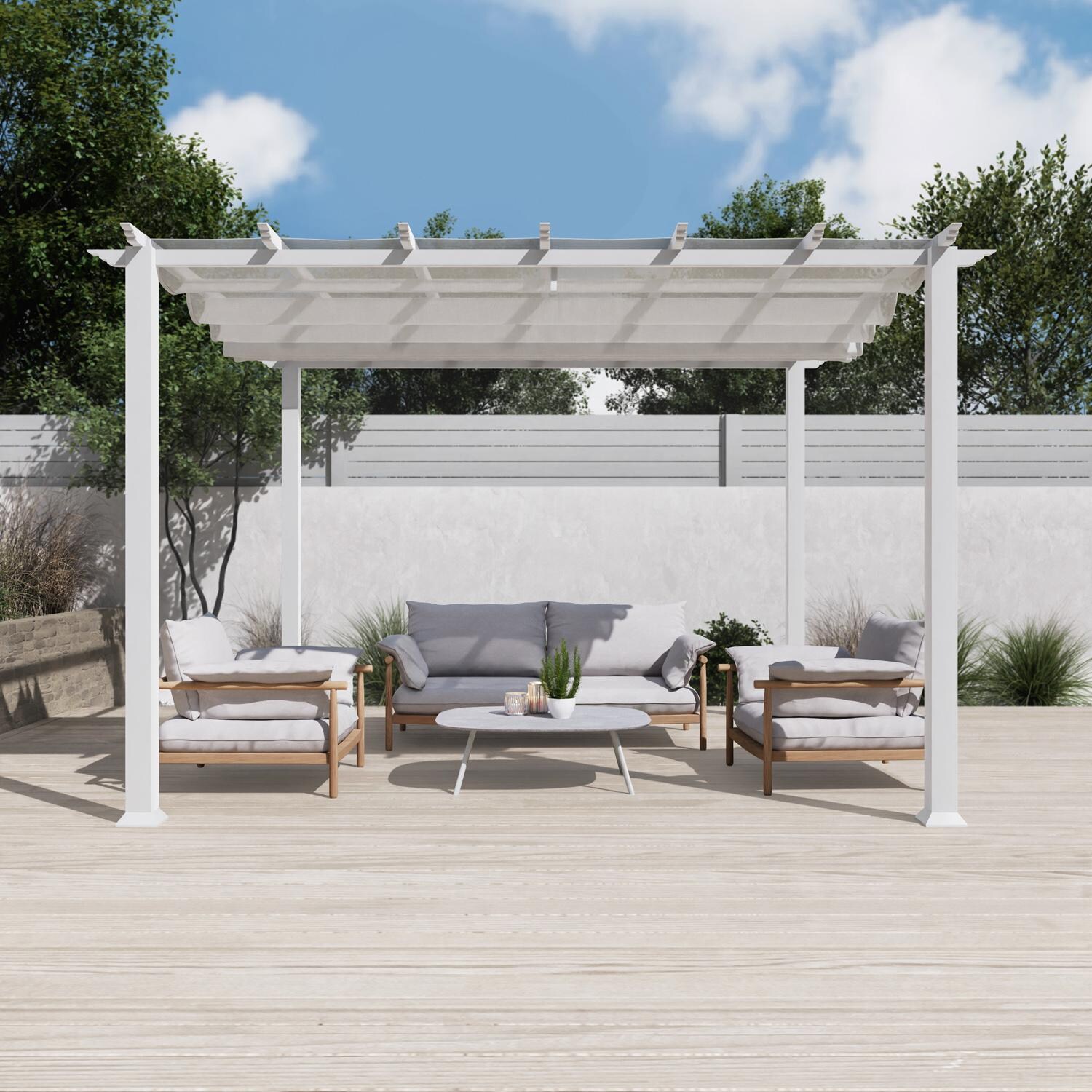 Paragon Outdoor PR11WTW Florence 11' x 11' White Pergola w/ White Canopy - Side - Lifestyle thumbnail