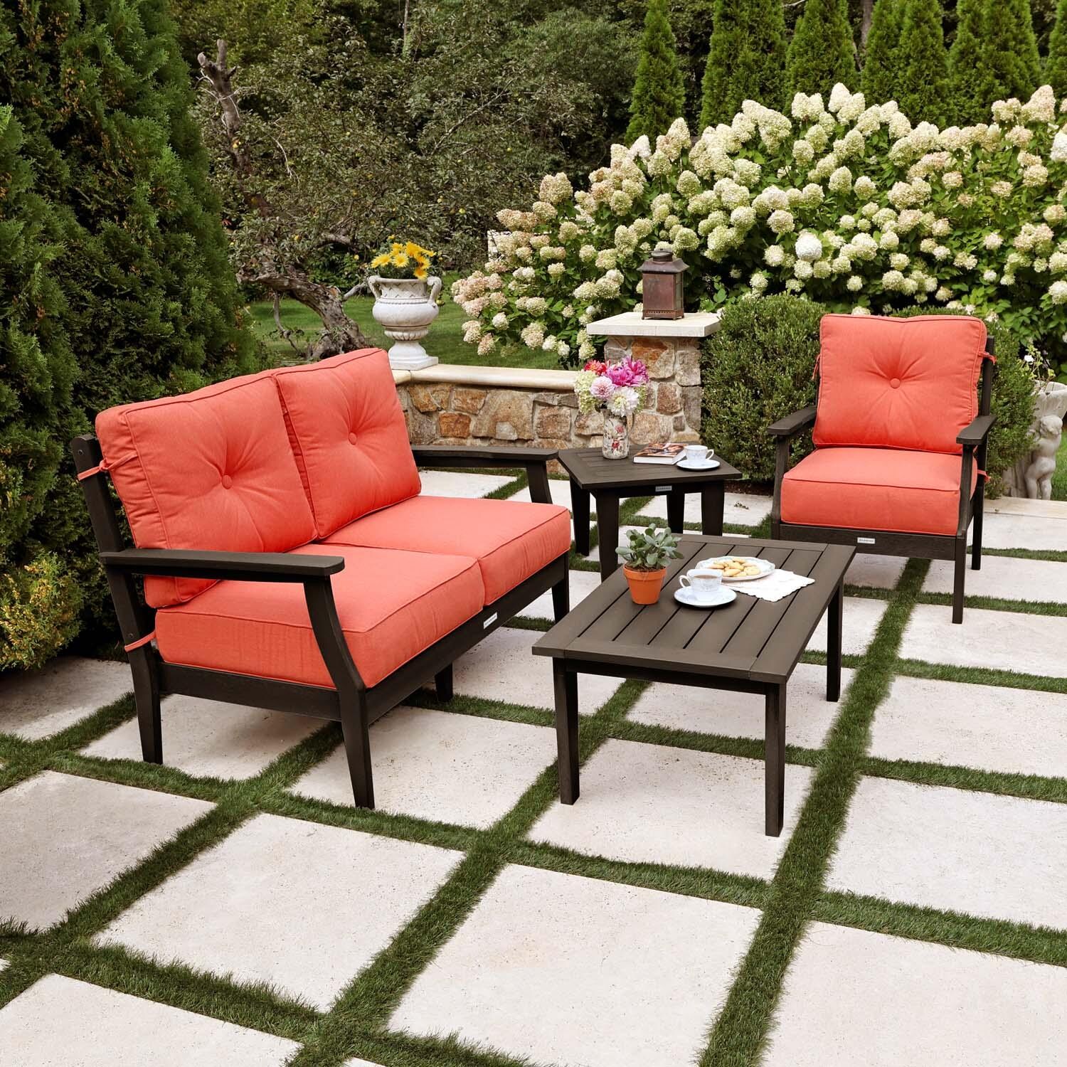 Blushing Bay 4 Pc Recycled Plastic Seating Set in Canvas Persimmon/Black by Lakeview Outdoor Designs - Side View - Lifestyle thumbnail