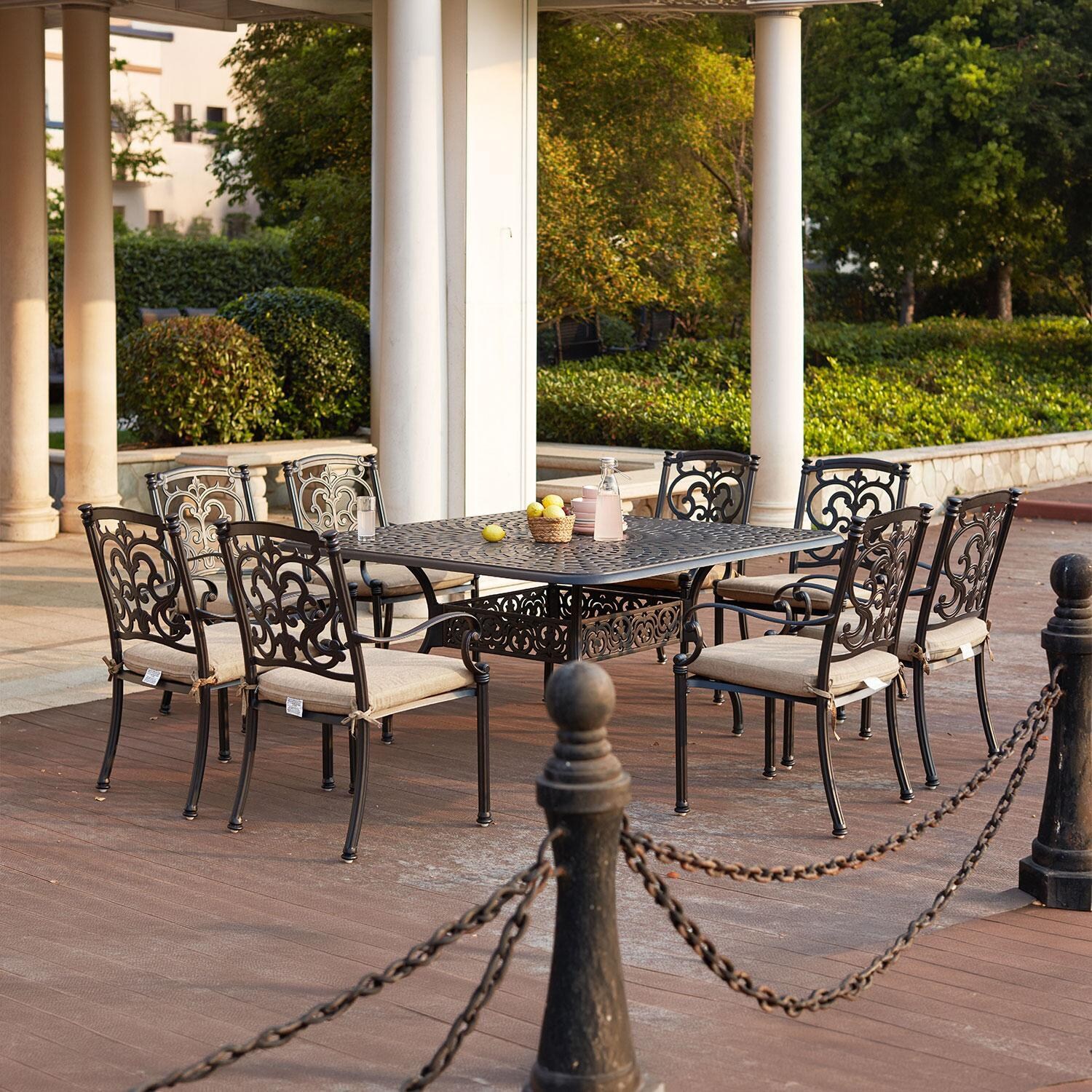 Santa Barbara 9 Pc Cast Aluminum Dining Set w/ 60 Inch Square Series 60 Table in Antique Bronze/Beige Canvas by Darlee