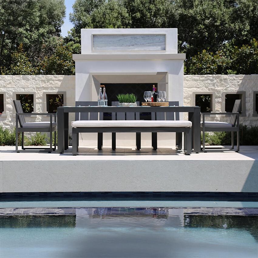 Redondo 72 inch Aluminum Bench w/ No Welt in Slate/Canvas Natural by Sunset West - Shown w/ Companion Pieces by Pool - Lifestyle thumbnail