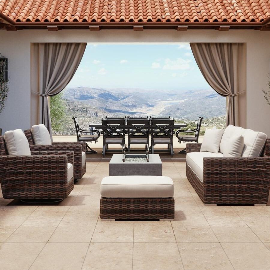 Montecito 5 Pc Wicker Fire Pit Seating Set in Cognac/Canvas Flax by Sunset West