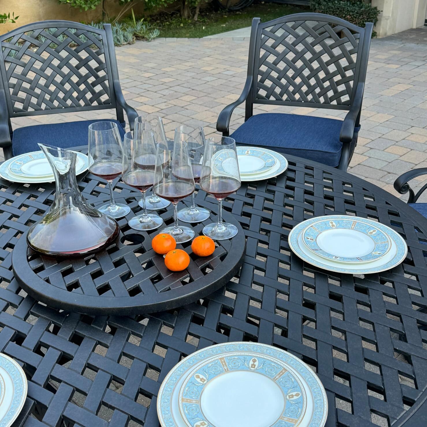 Darlee B/DL13-8PCAR-30D3921-N Nassau 8 Pc Cast Aluminum Dining Set in Antique Bronze w/ Navy Cushions - Lazy Susan - Lifestyle thumbnail